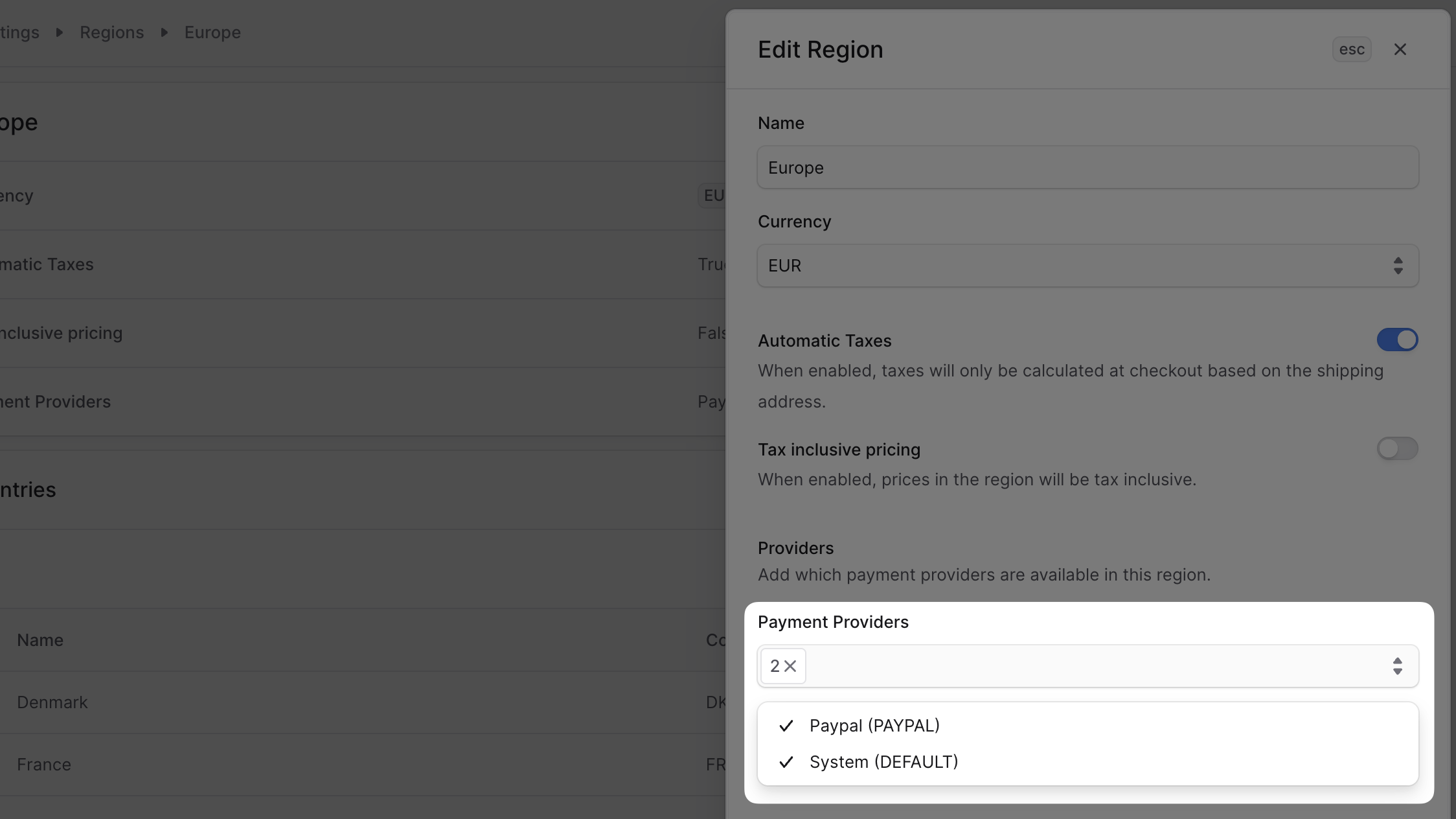 Medusa Admin dashboard showing region edit screen with PayPal selected as payment provider
