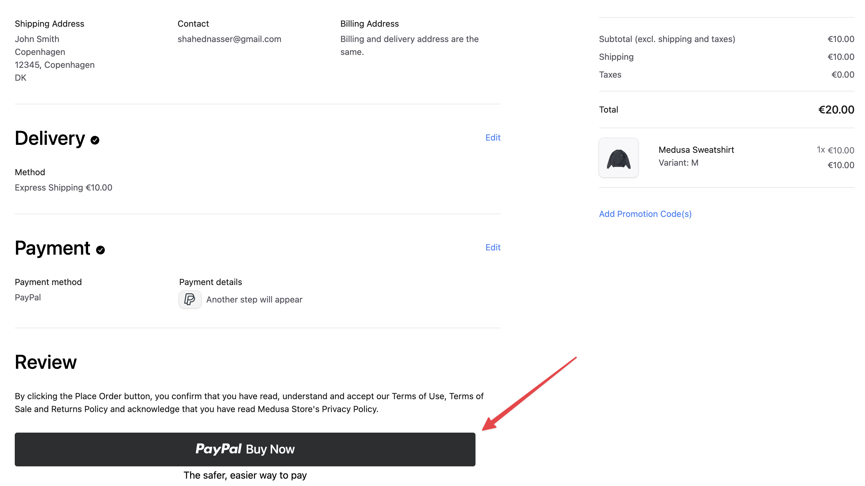 Next.js Starter Storefront checkout page showing PayPal button