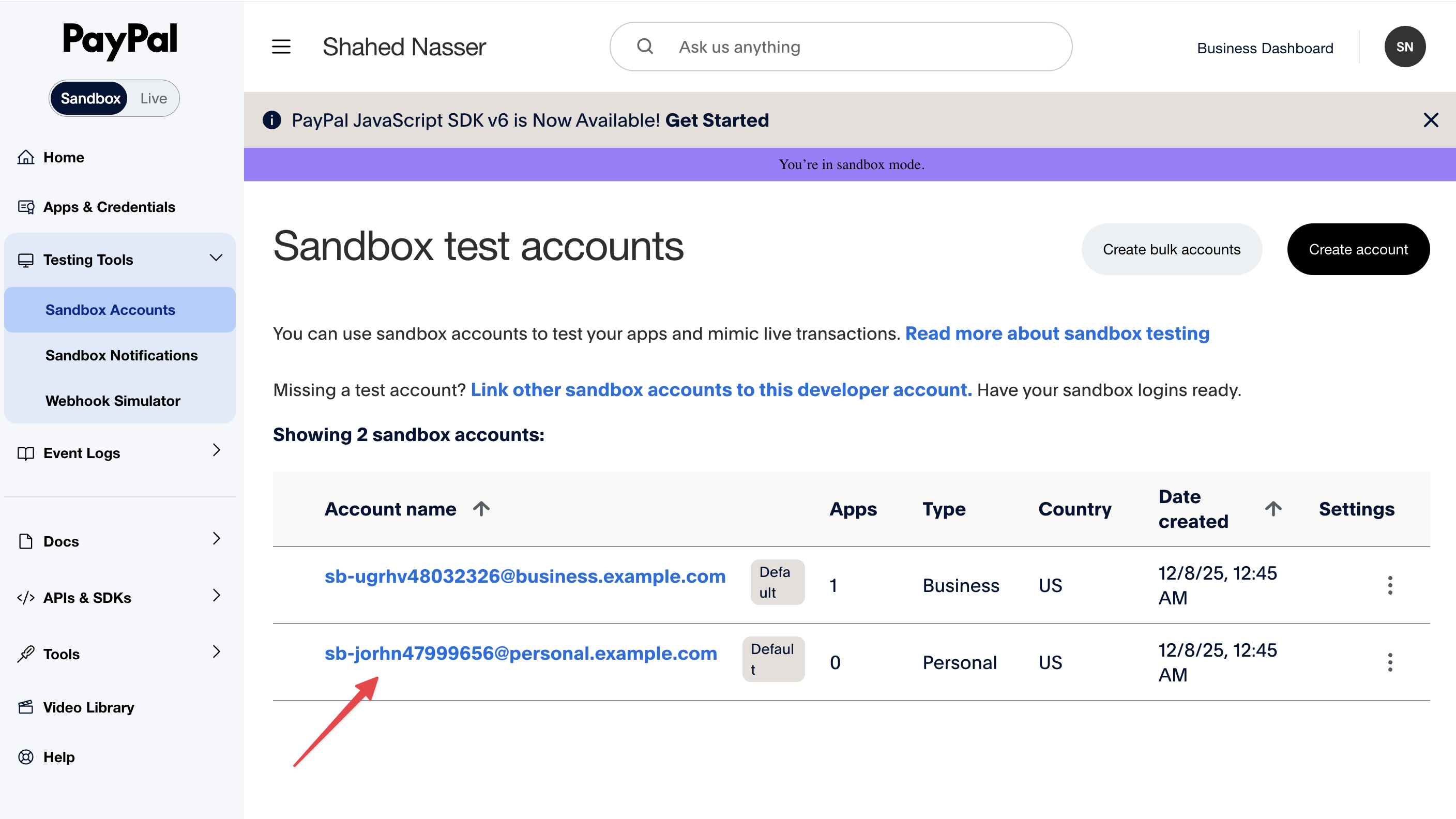 PayPal Developer Dashboard showing sandbox accounts