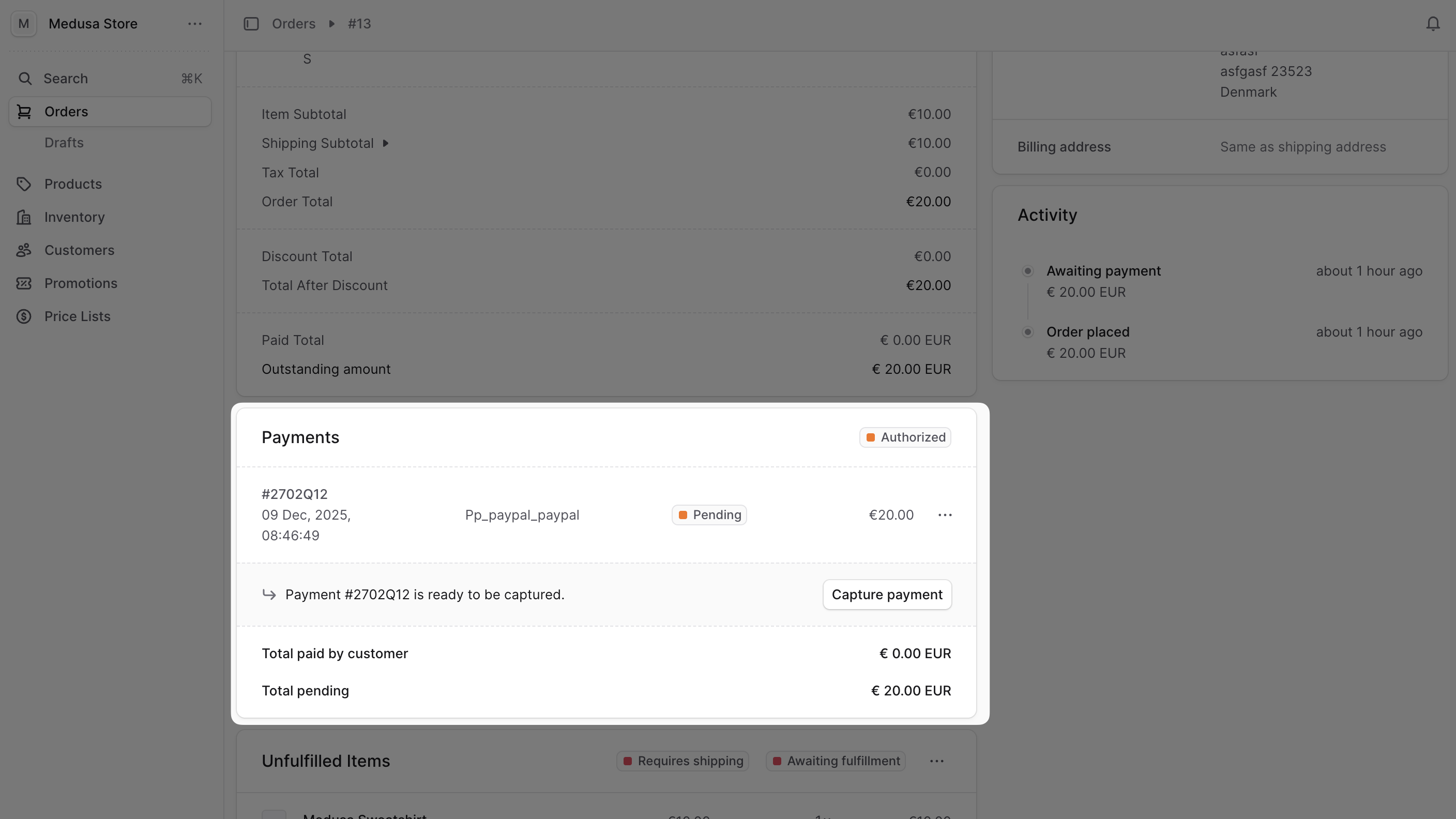 Medusa Admin dashboard showing order payment details with capture and refund options
