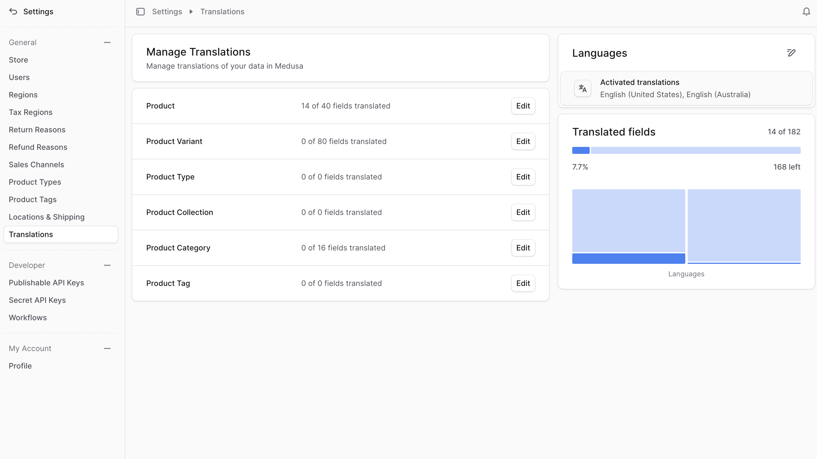 Translations settings page