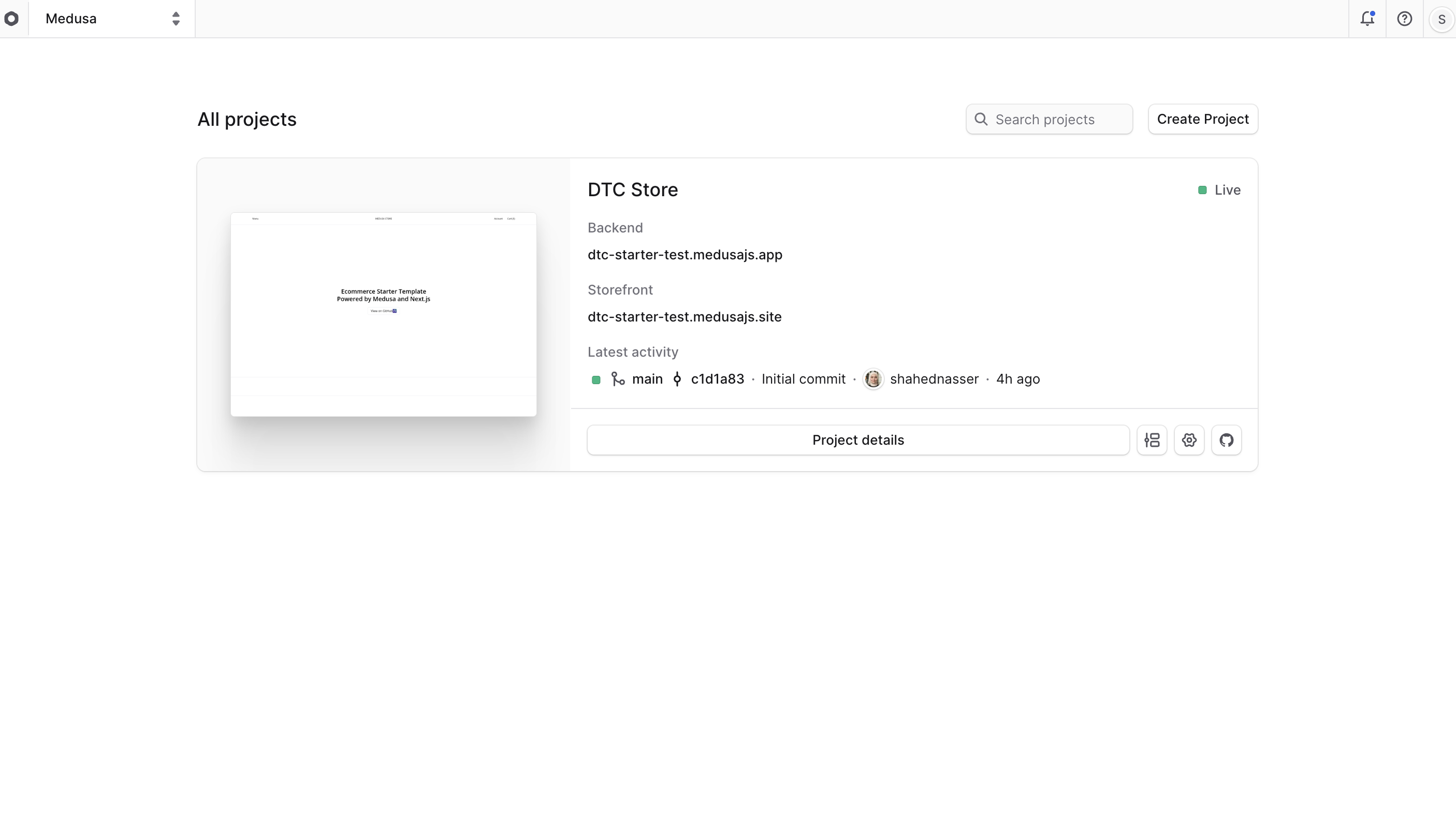 The organization dashboard with a project in the list of projects