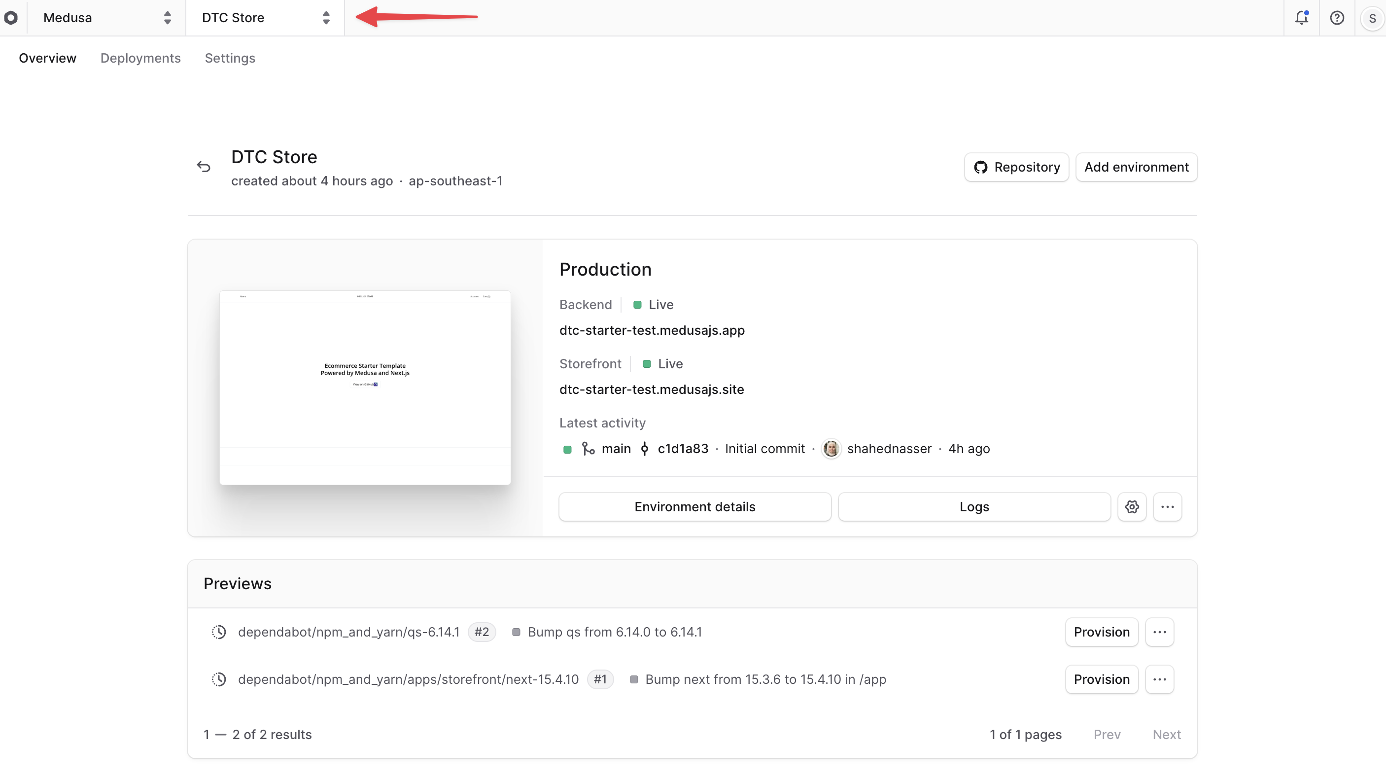 The project name at the top left of the Cloud dashboard