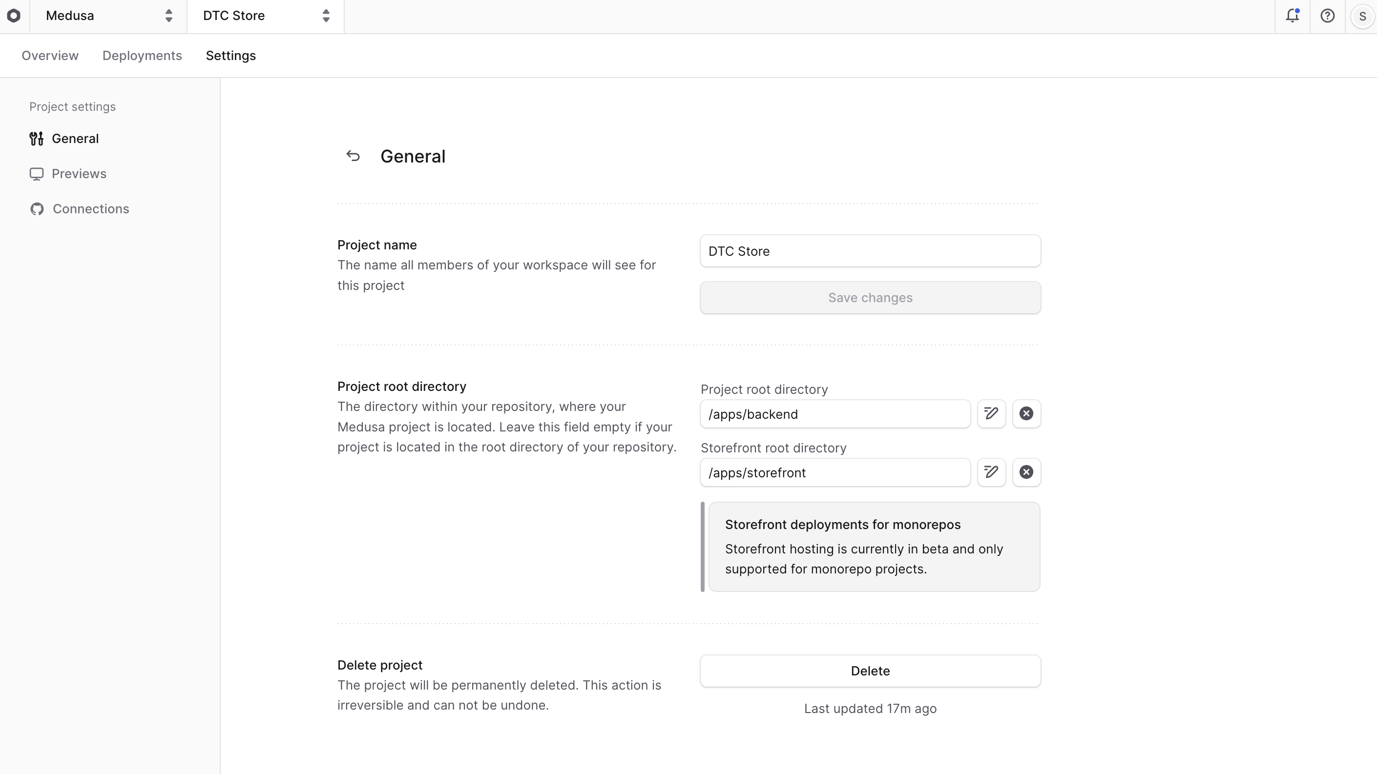 The project settings with the General tab selected