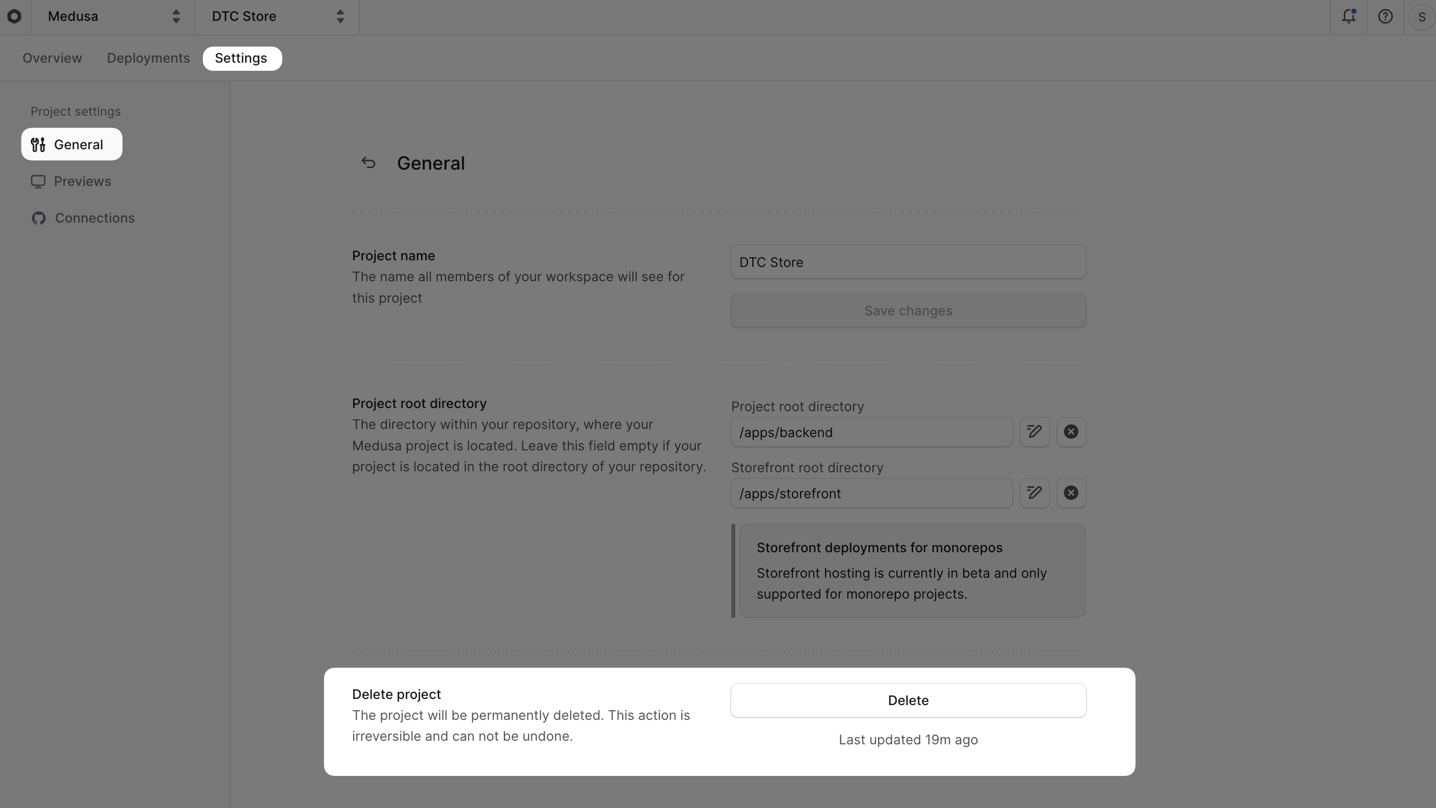 The project settings with the General tab selected and the Delete project section highlighted