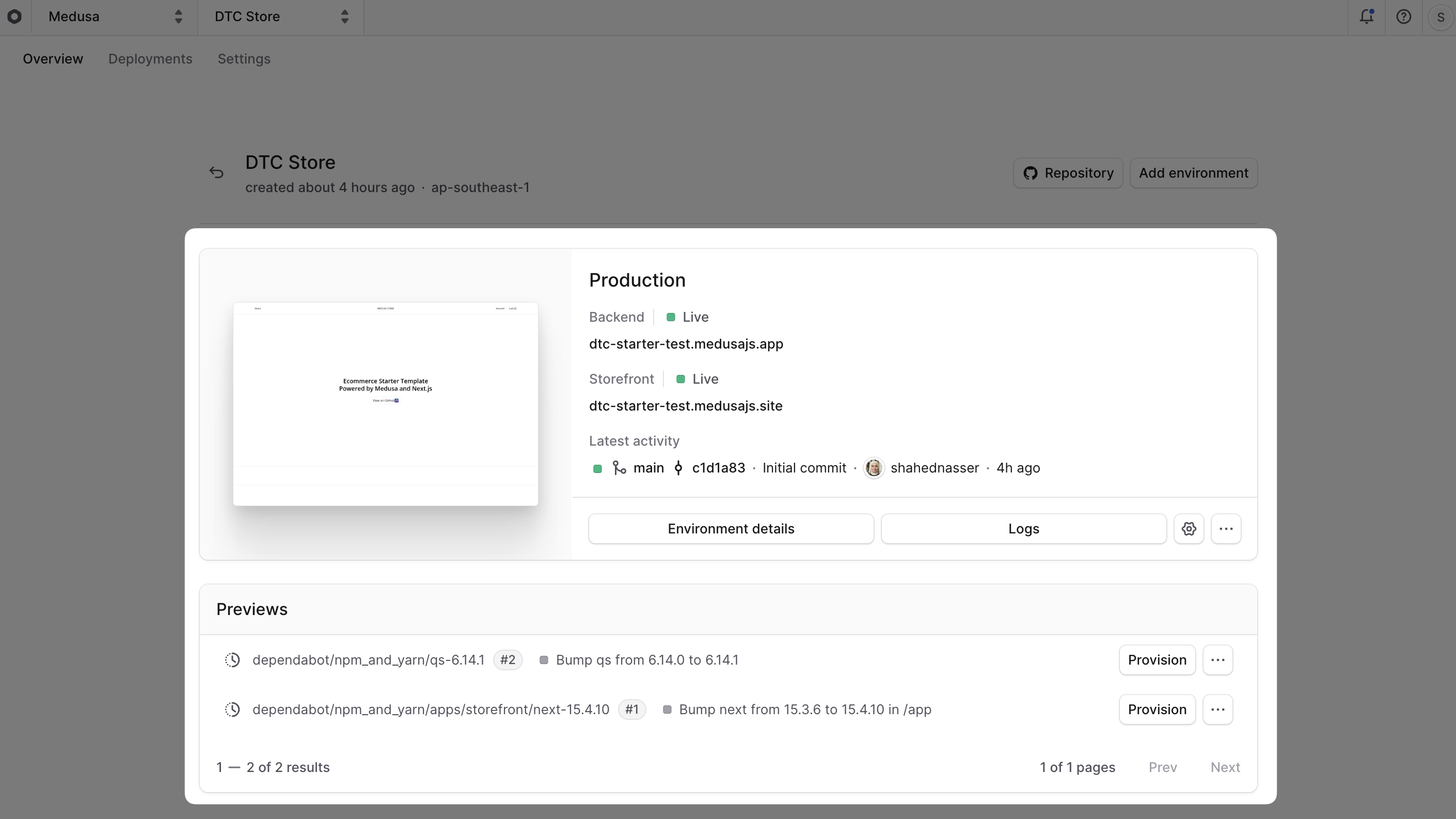 Project dashboard showing the environment cards