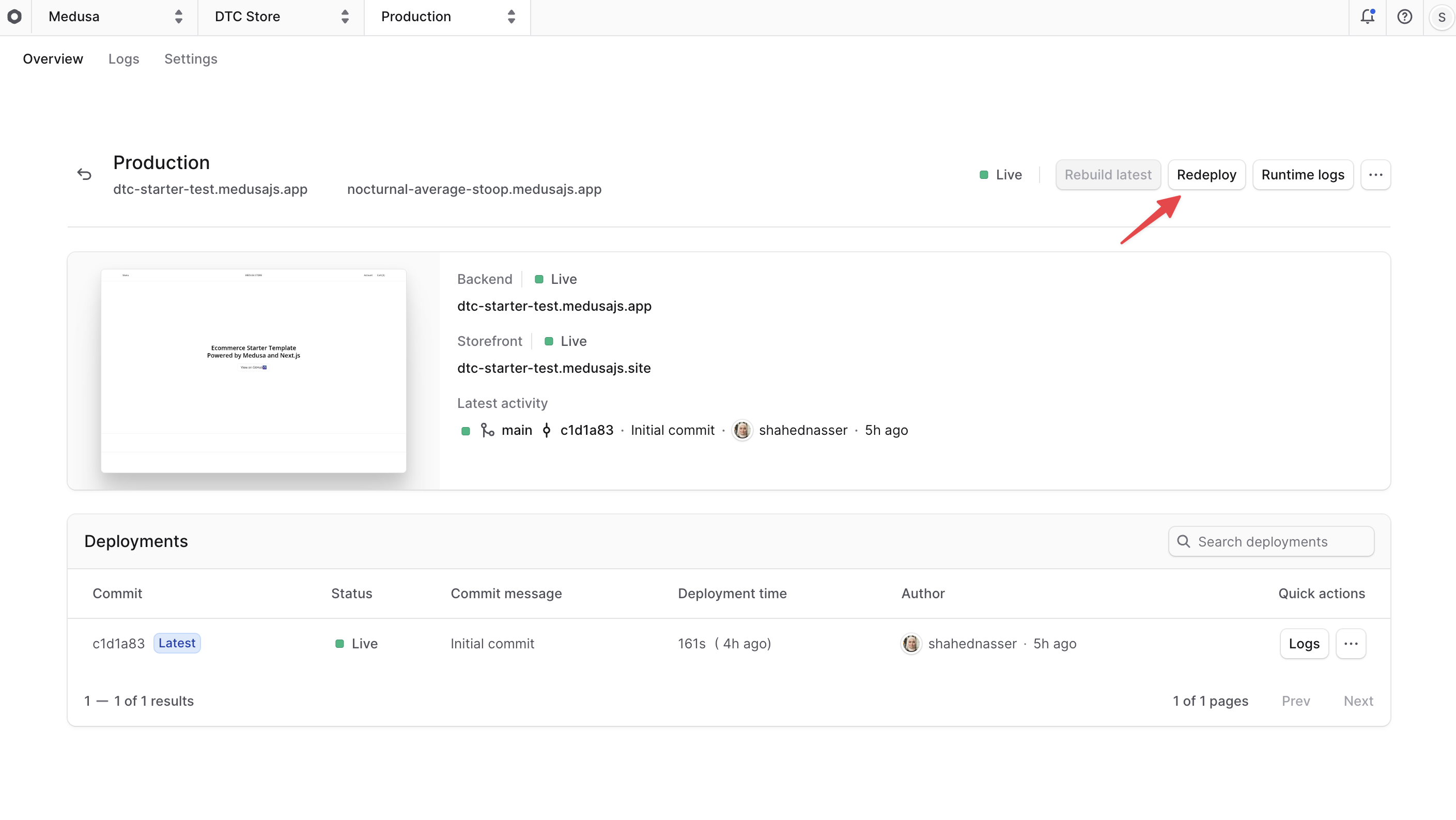 Redeploy button at the top right of the environment's dashboard