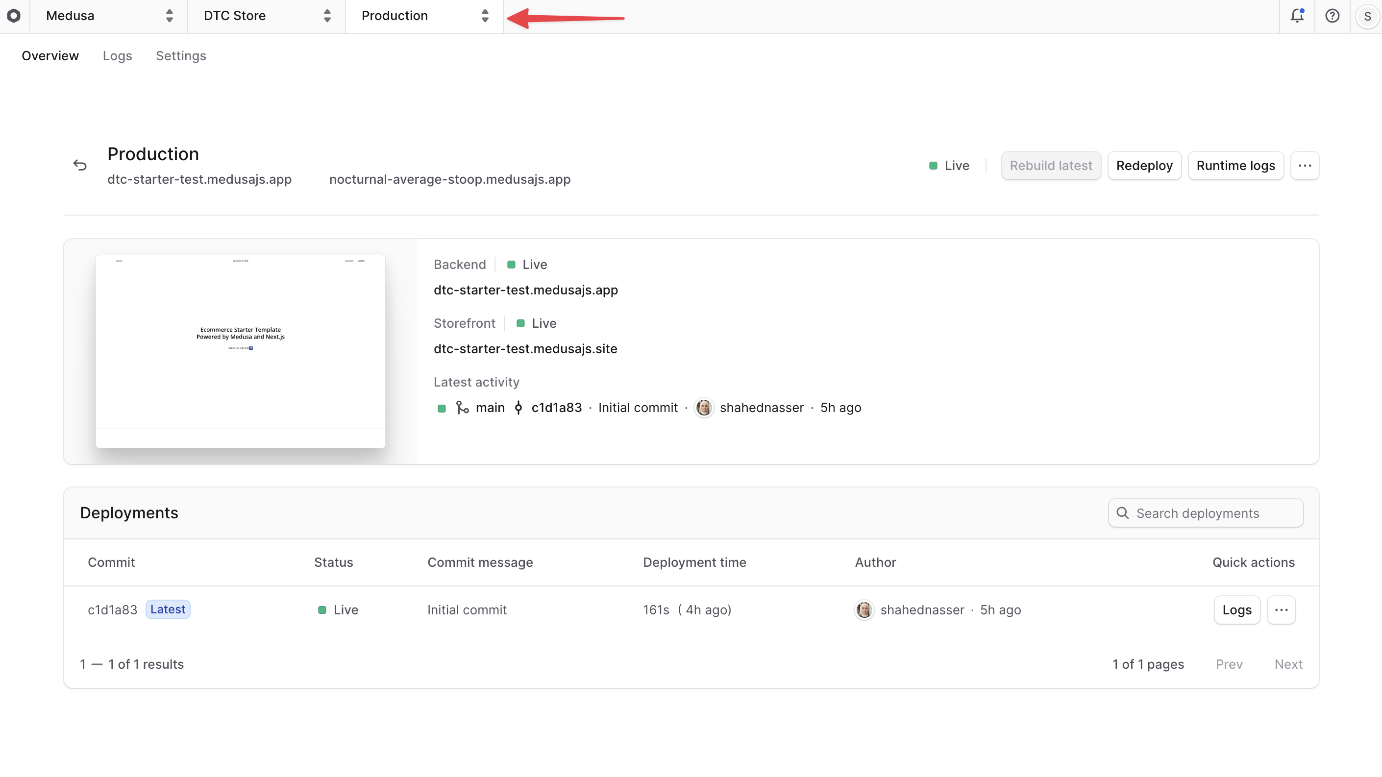 Environment dashboard with the name at the top left