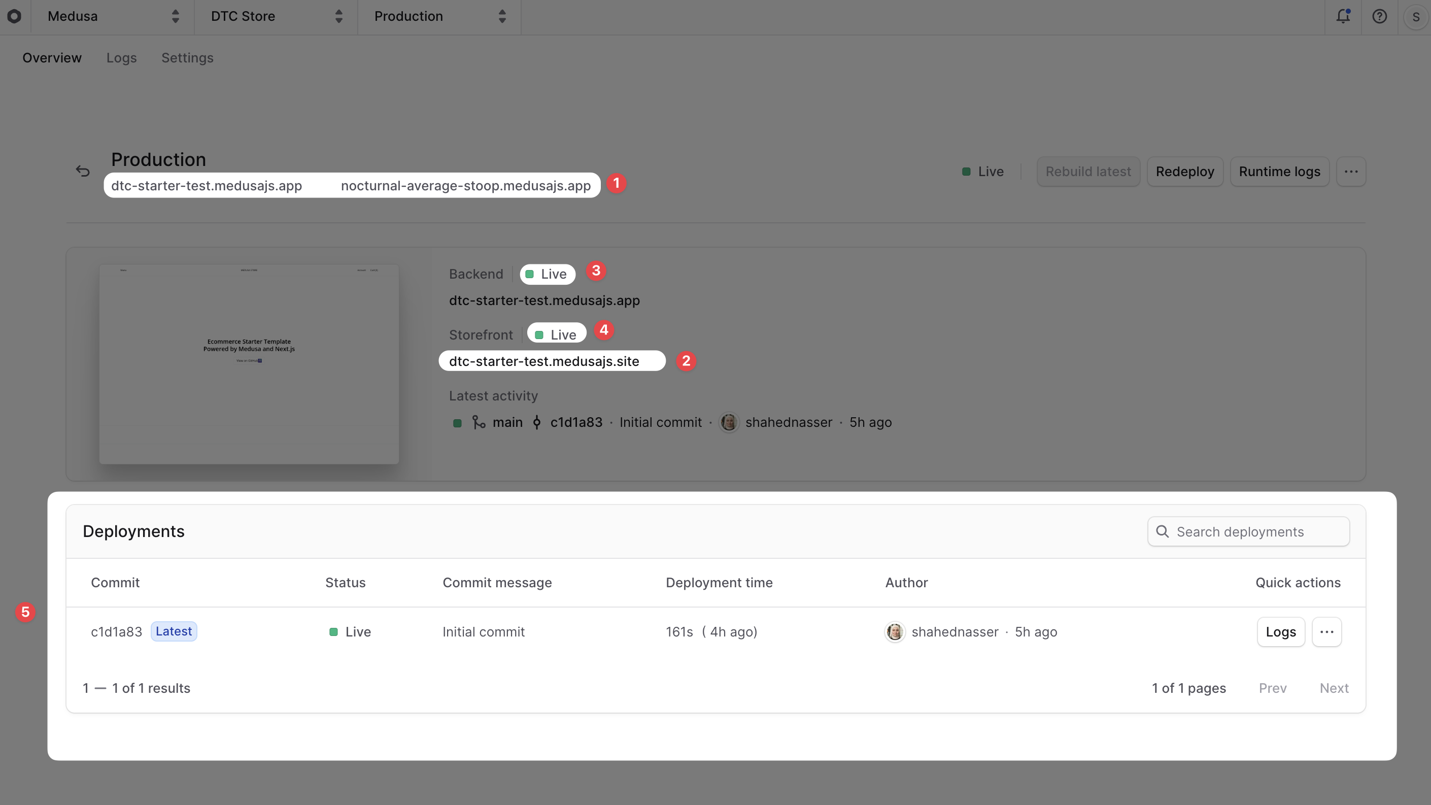 Environment dashboard with sections highlighted