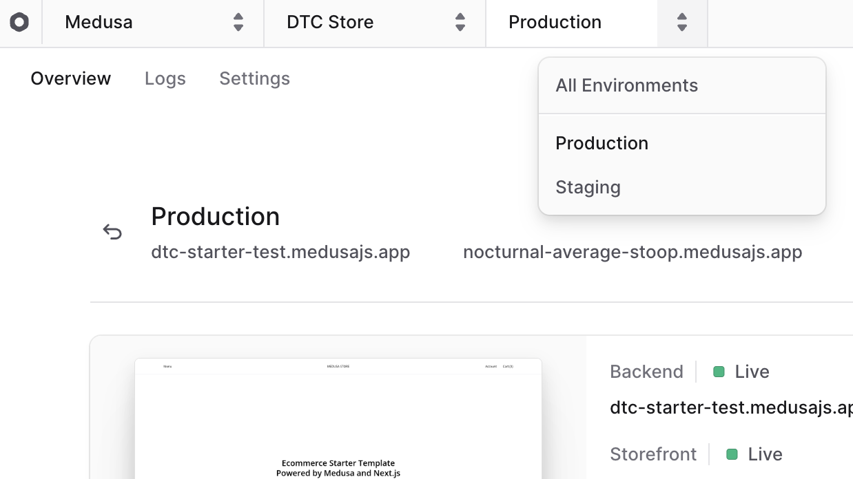 Environment switcher dropdown at the top of the dashboard
