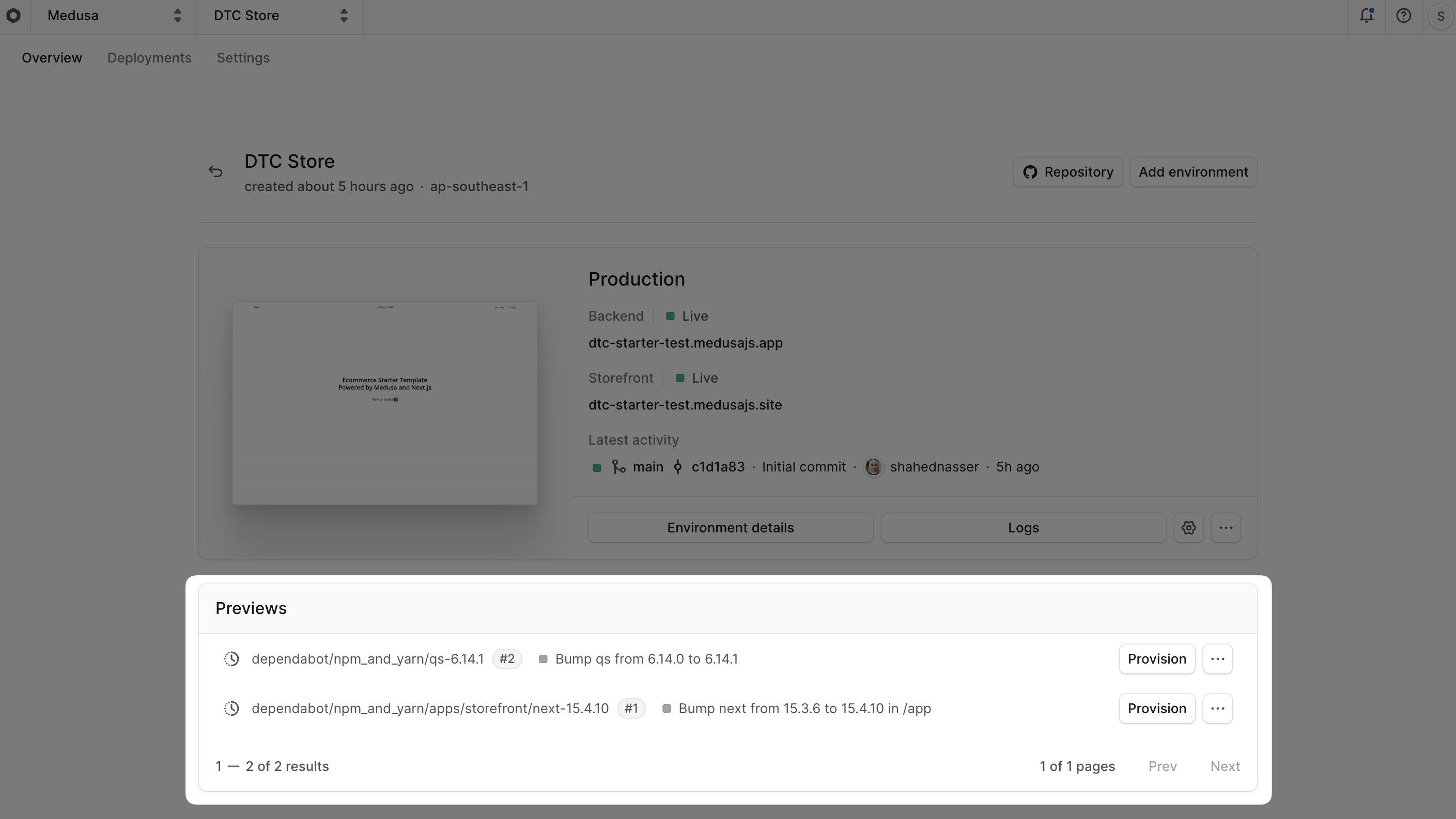 Project dashboard with the Previews card highlighted
