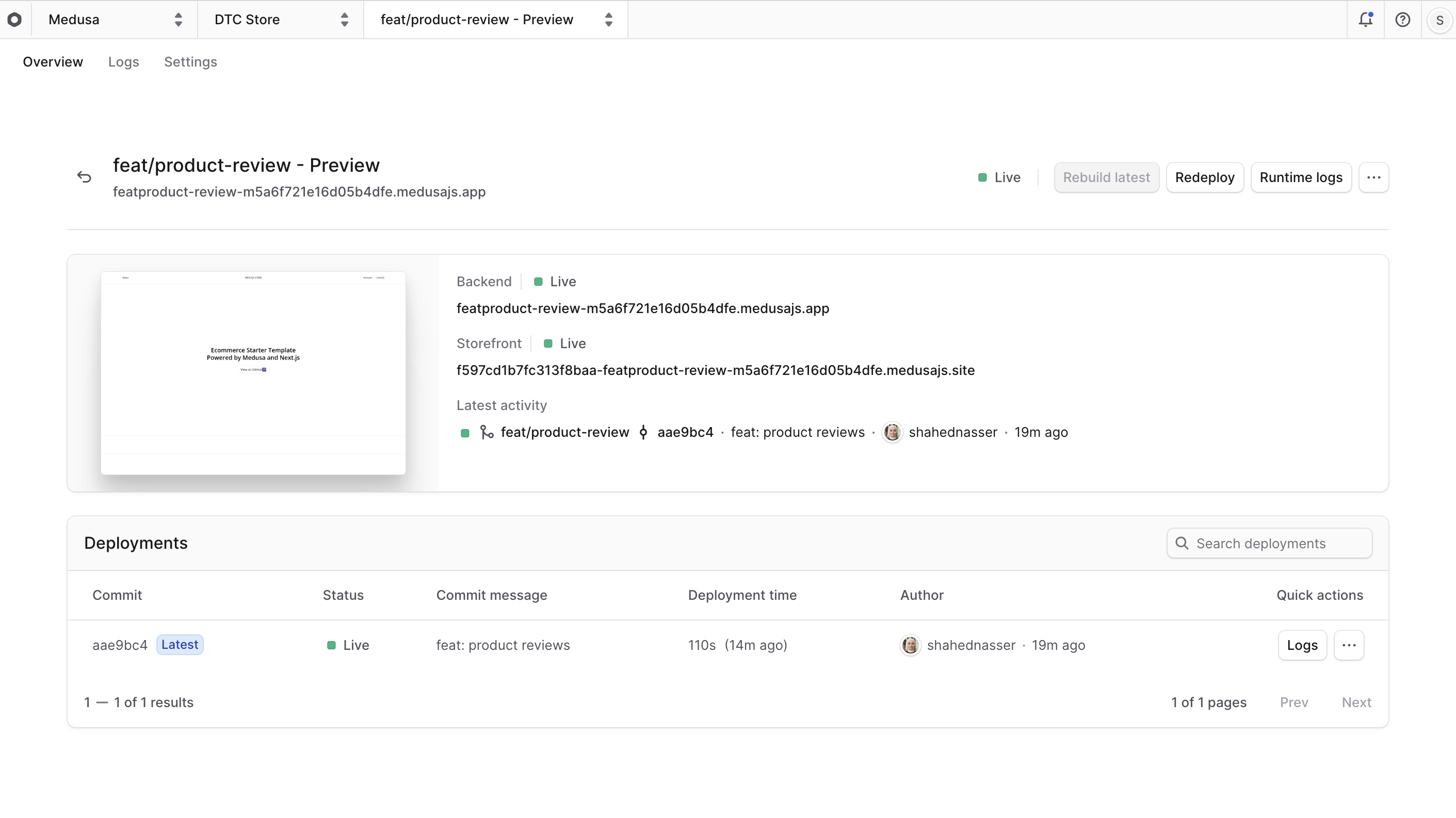 Preview environment dashboard