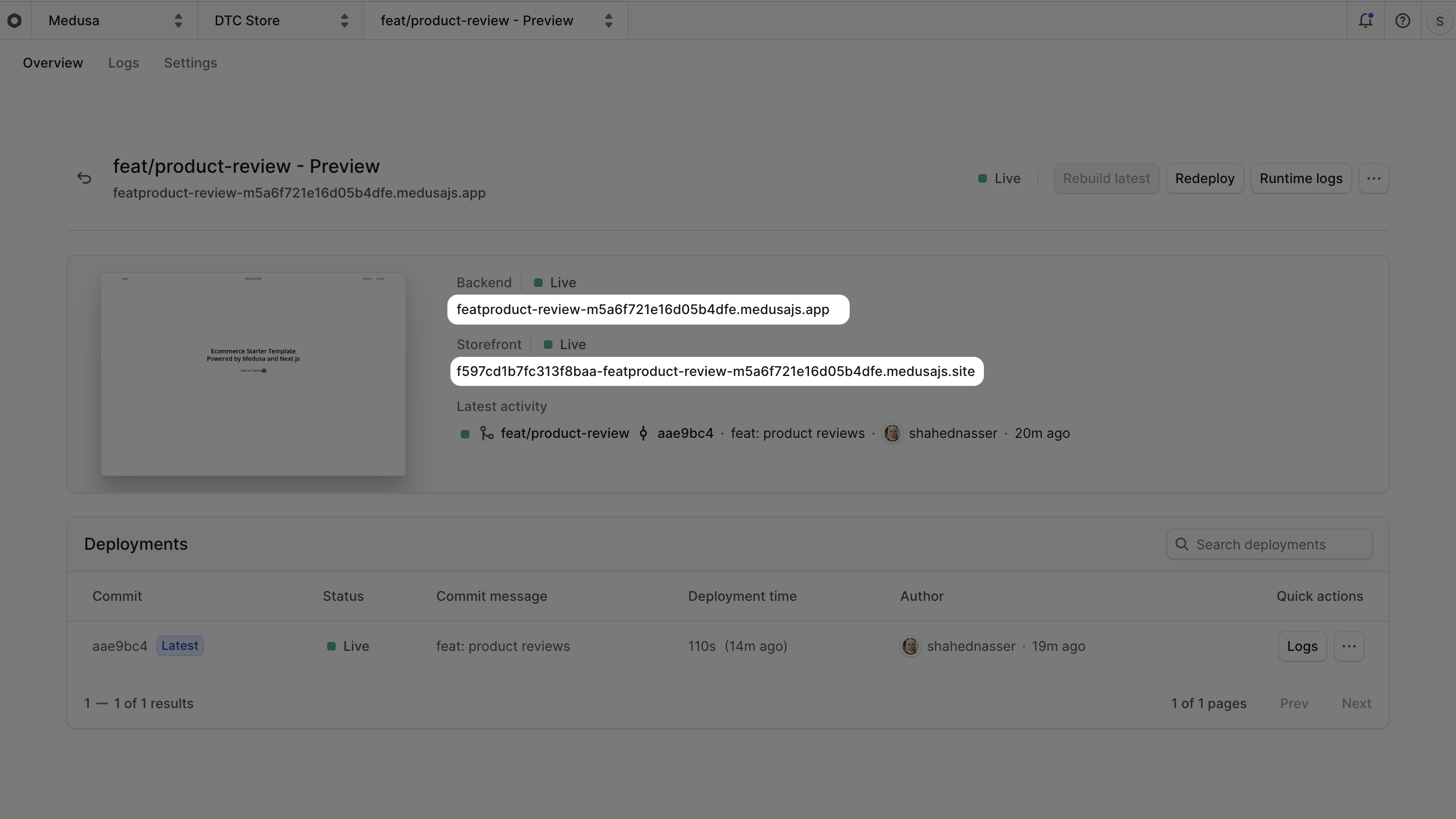 Preview button in the project's dashboard
