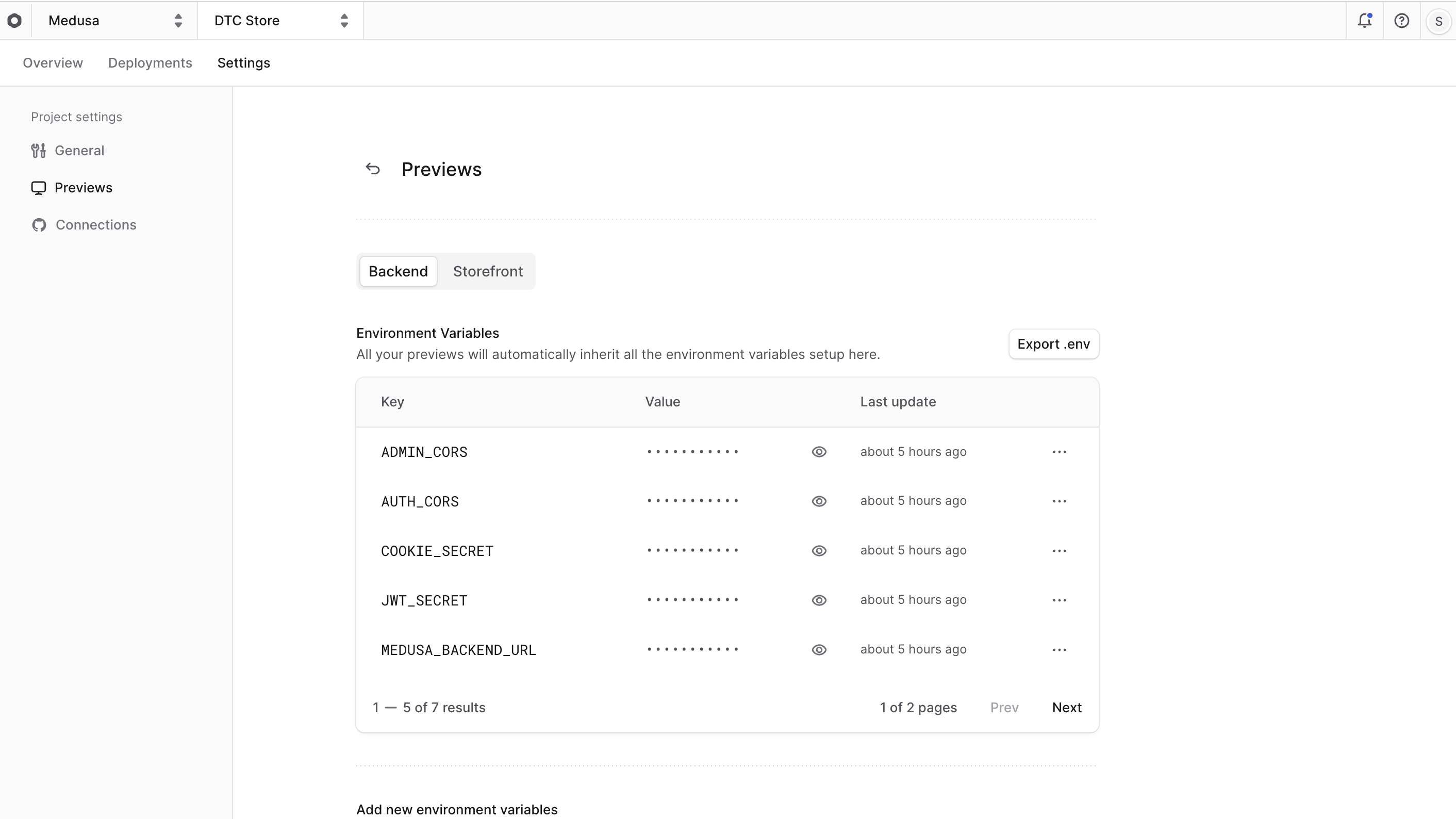 Previews settings in the project's settings tab