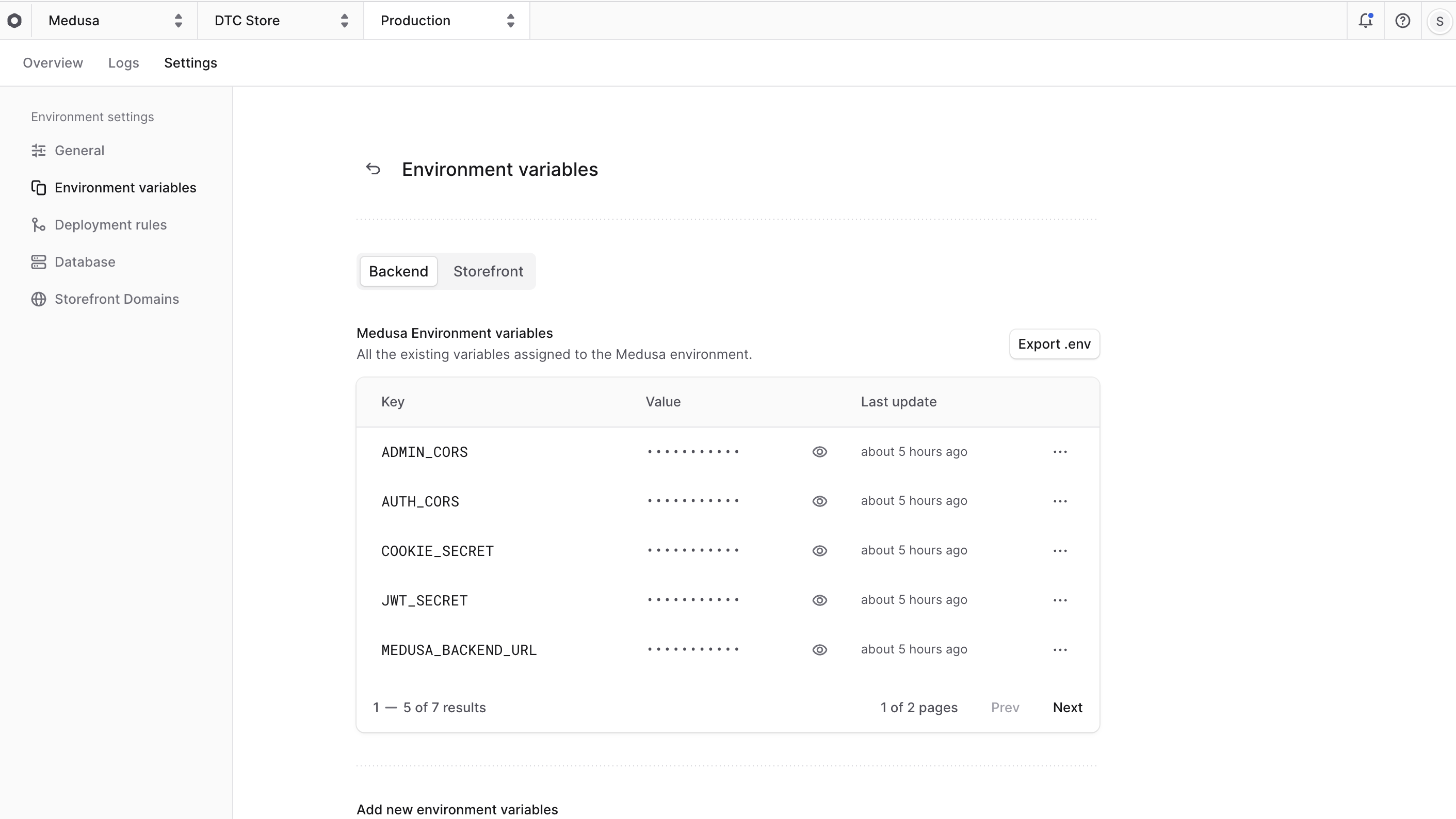 Environment variables section in the environment's settings tab