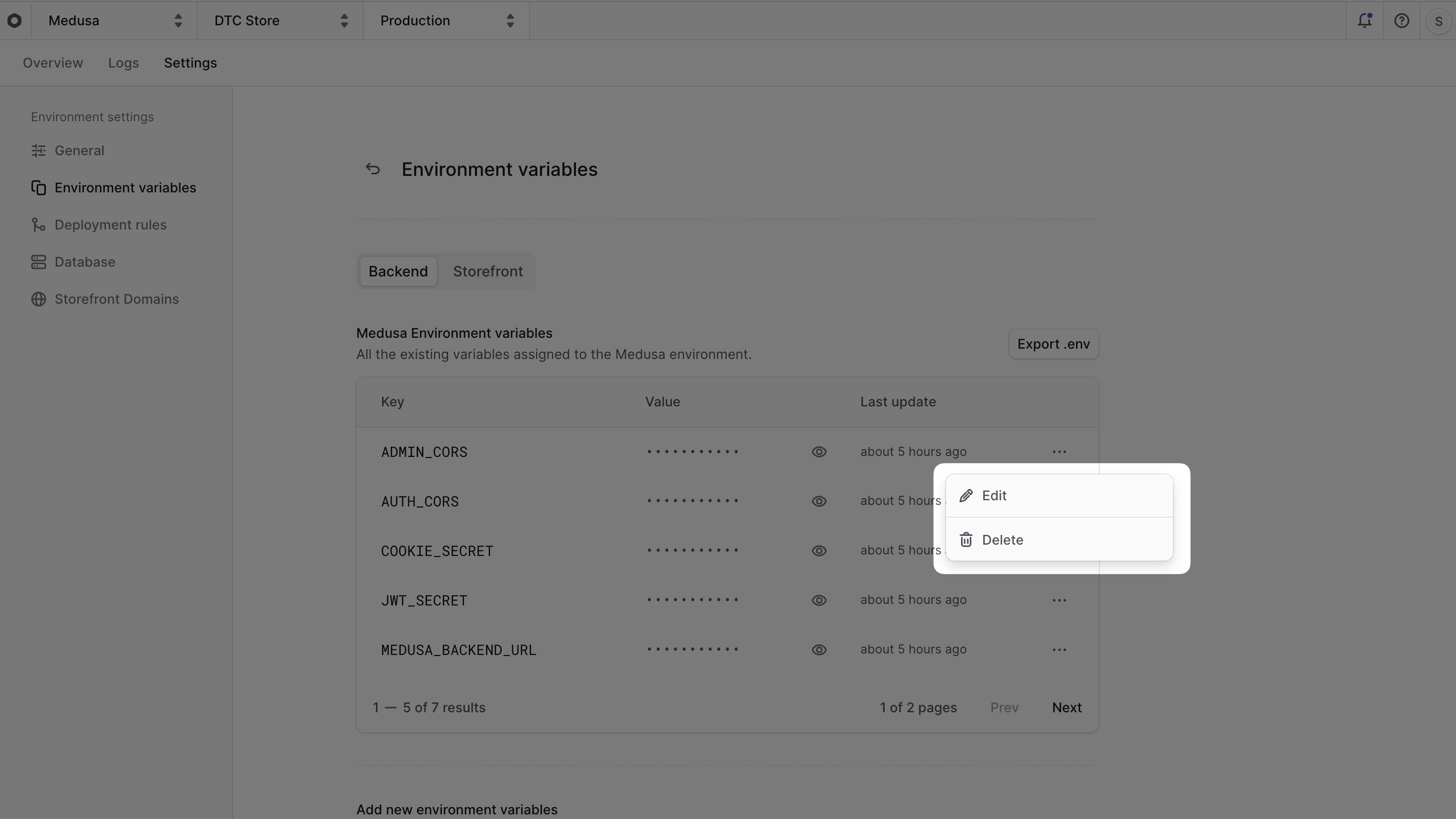 Edit environment variable in the environment's settings tab
