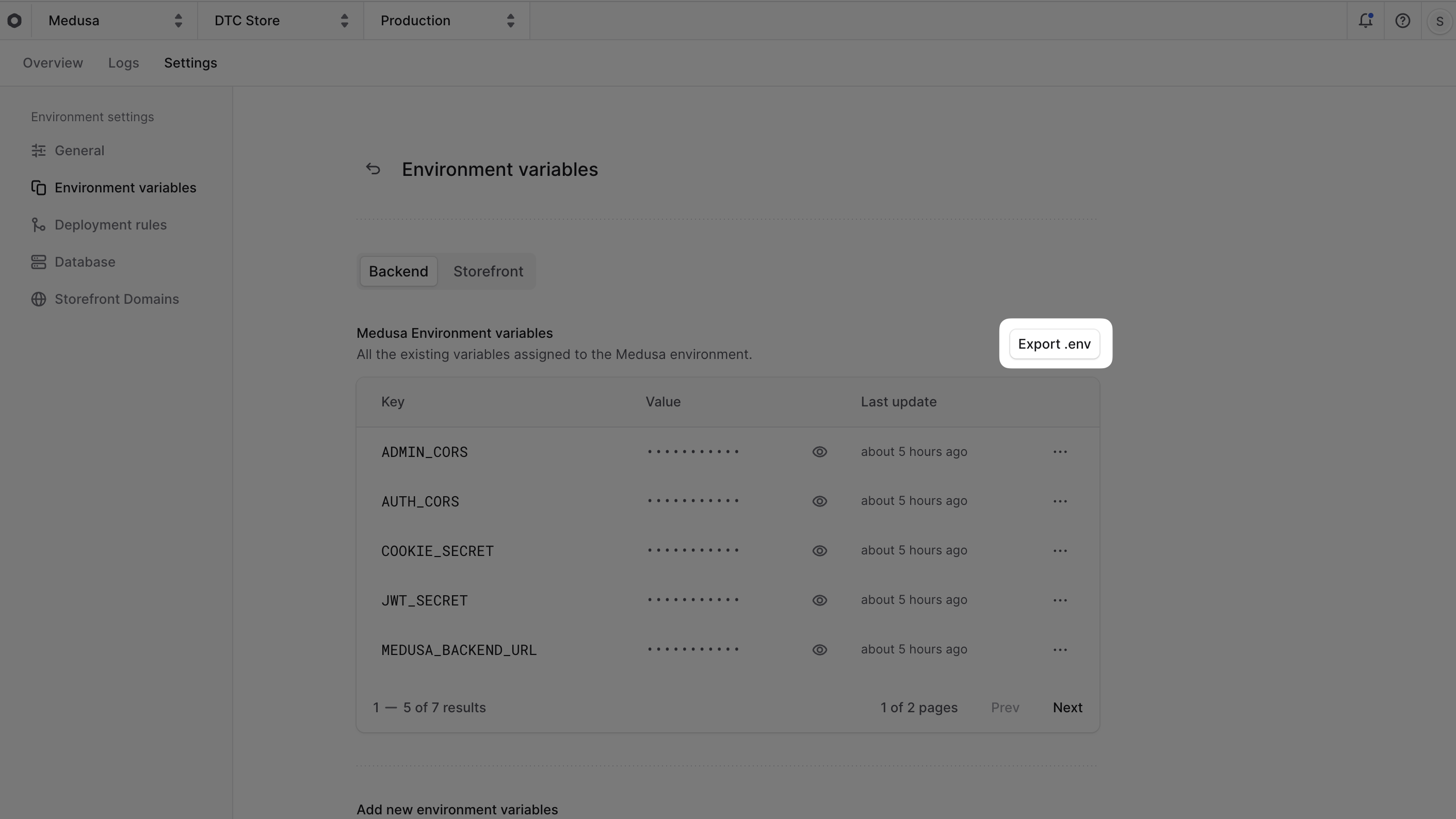 Export env button in the environment's settings tab