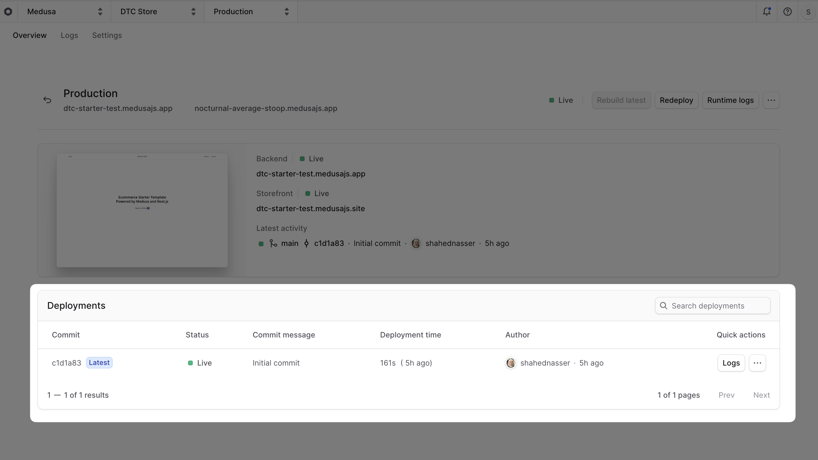 Production environment details page with deployment cards highlighted