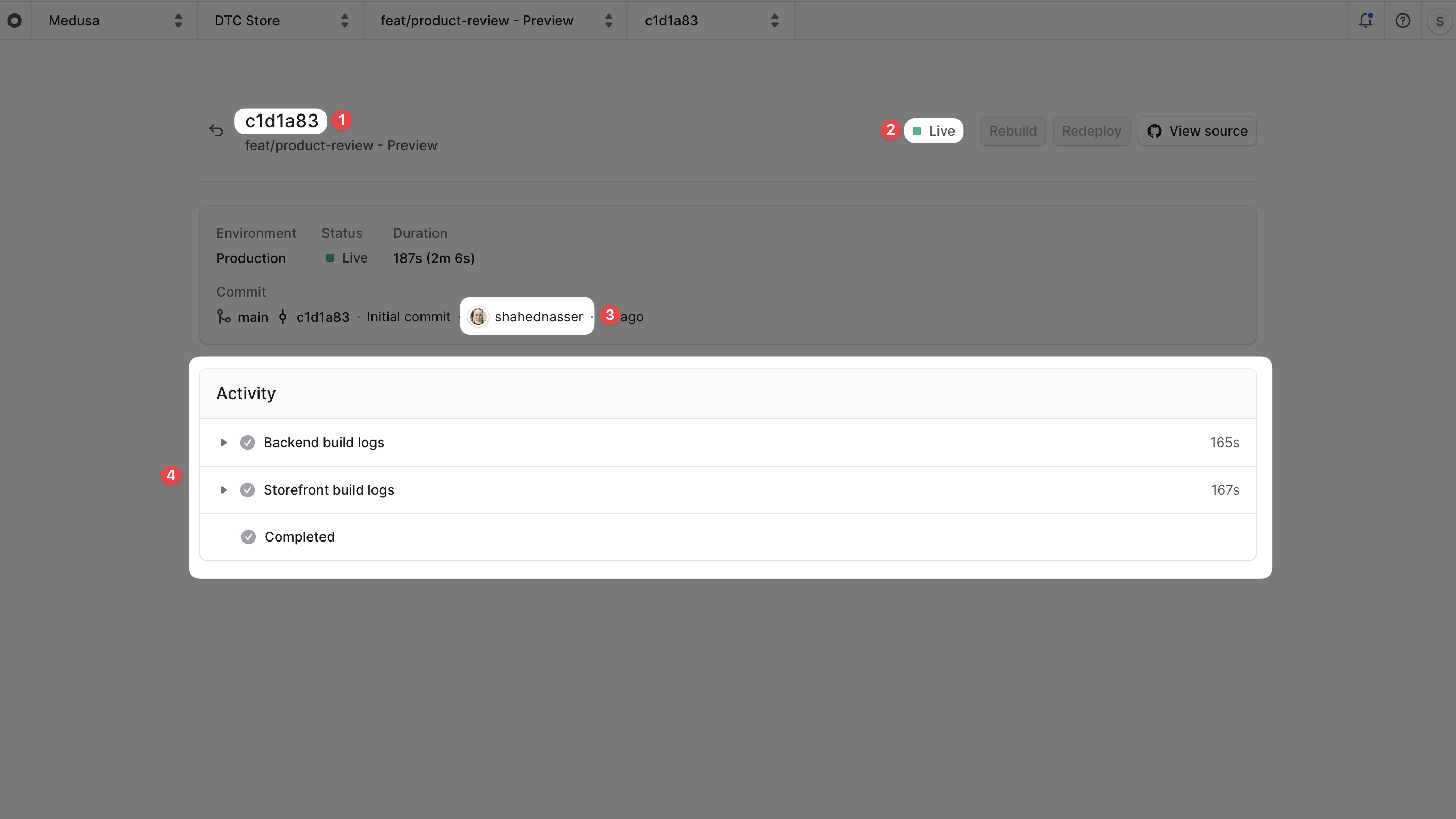 Deployment details page with key sections highlighted