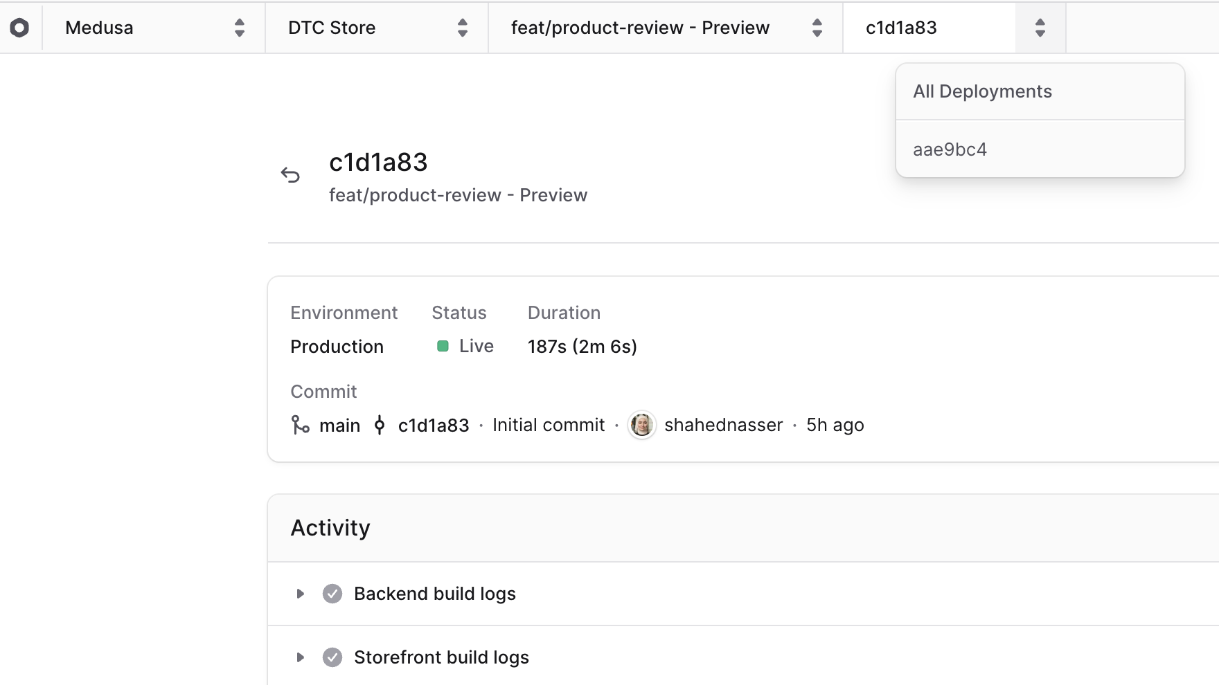 Deployment switcher at the top of the deployment details page