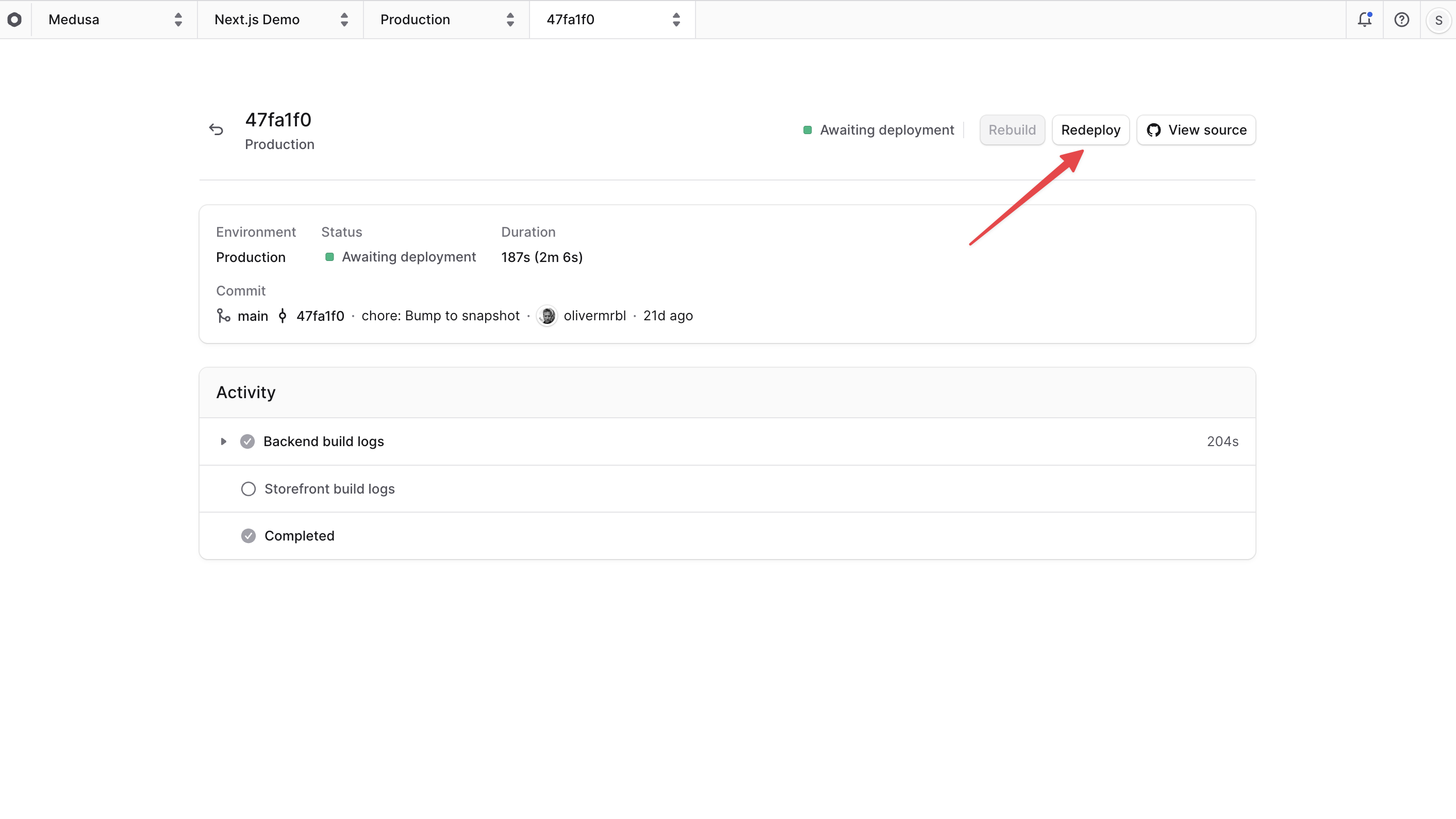 Redeploy button highlighted on the deployment details page