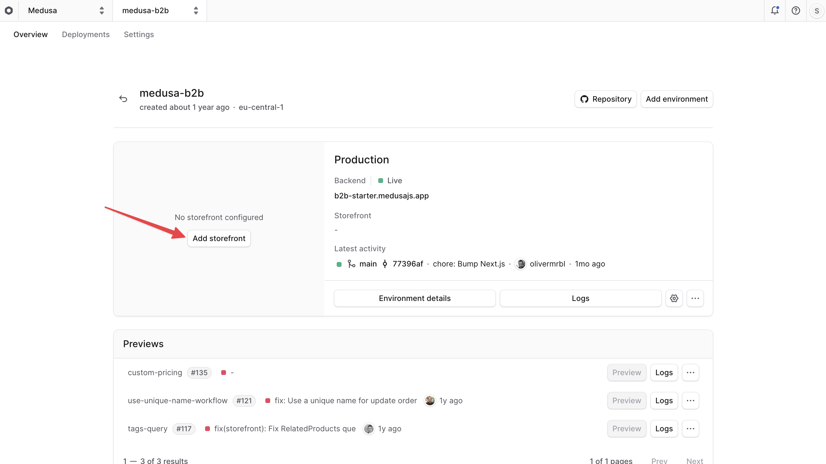 The Add storefront button at the Production environment card