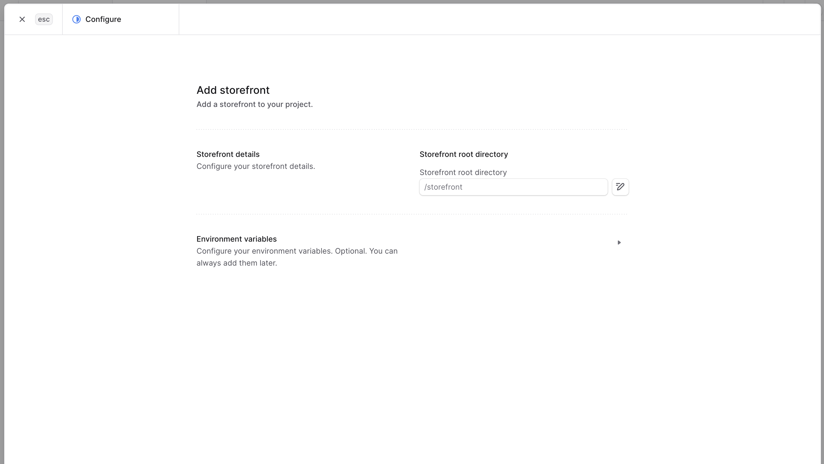 Form to add a storefront to an existing project