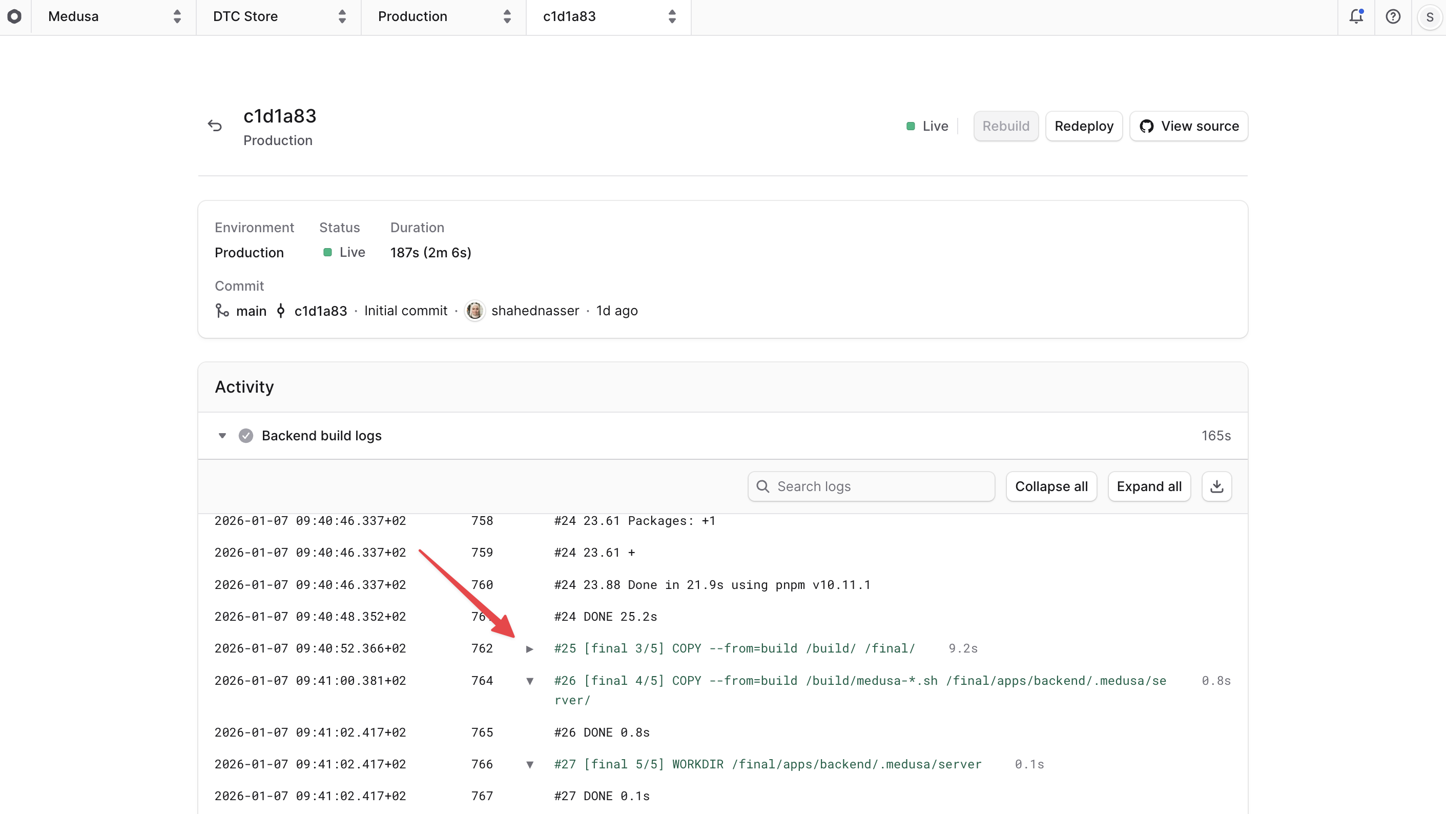 Build logs with one step collapsed