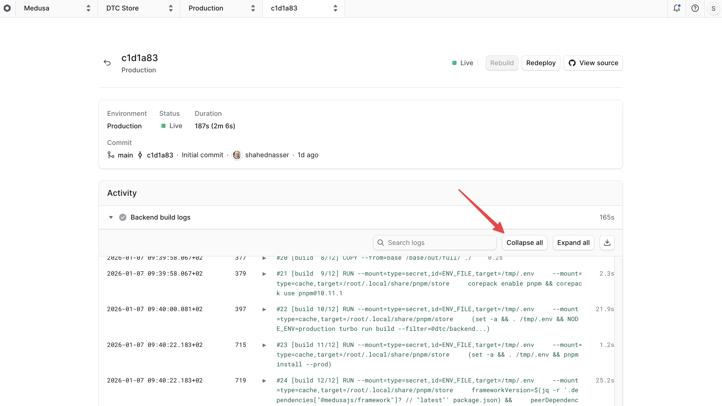 Build logs collapsed