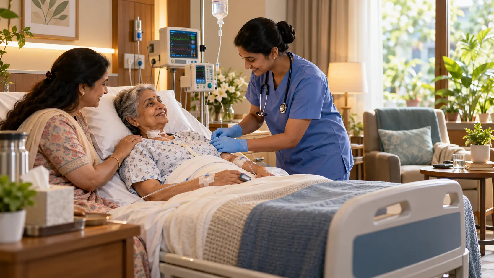 Patient receiving care in a hospital room