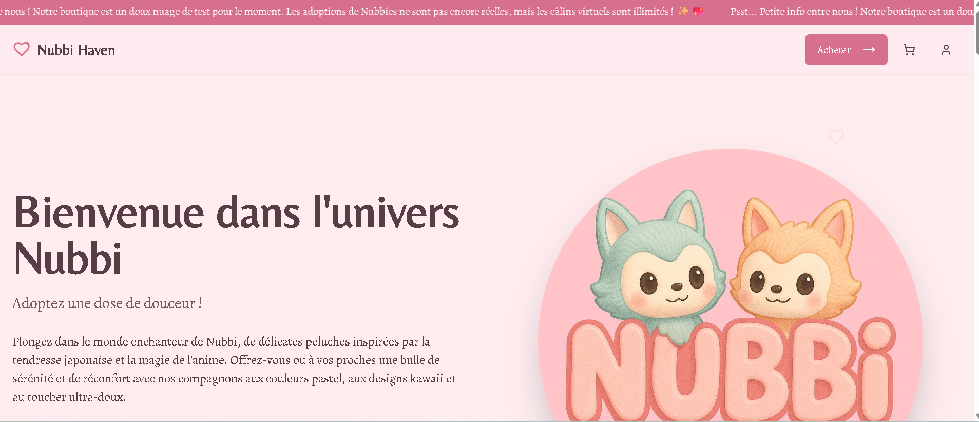 Site e-commerce simple et rapide pour la vente de peluches Nubbi, réalisé avec Elementor et WooCommerce.
