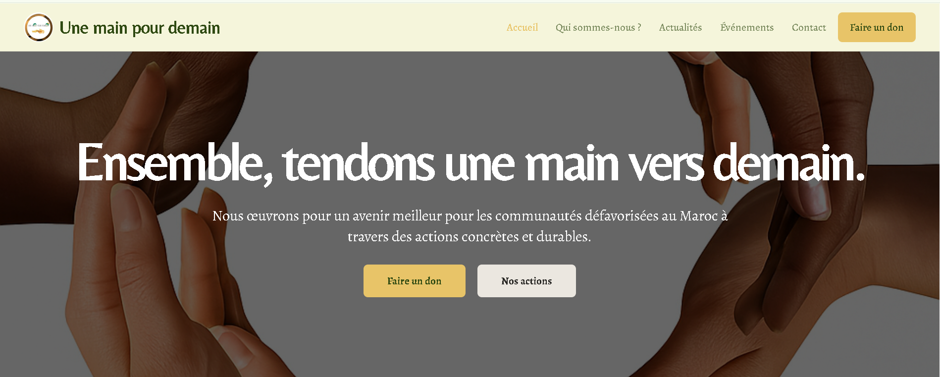 Site vitrine pour l'association humanitaire 'Une Main pour Demain'. Le projet met en lumière les actions et les missions de l'organisation pour encourager le soutien et les dons, hébergé sur une solution rapide avec Firebase.