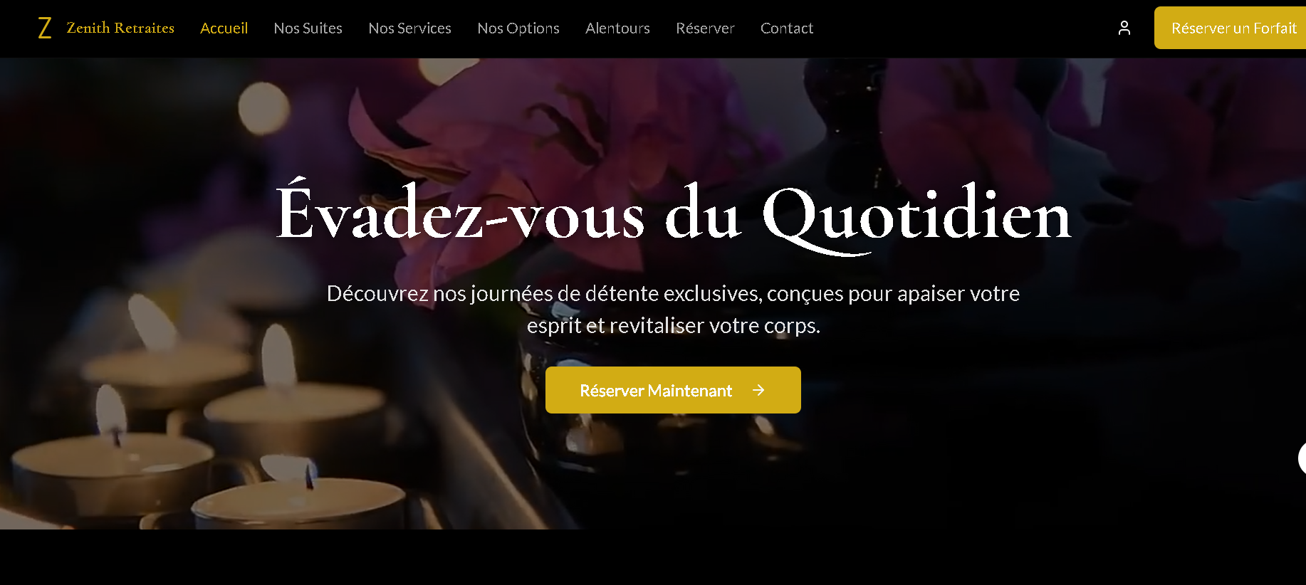 Site de présentation pour un établissement de détente haut de gamme. Le projet intègre un système de réservation complet avec paiement via PayPal et des notifications automatiques par e-mail, offrant une expérience client fluide et luxueuse.