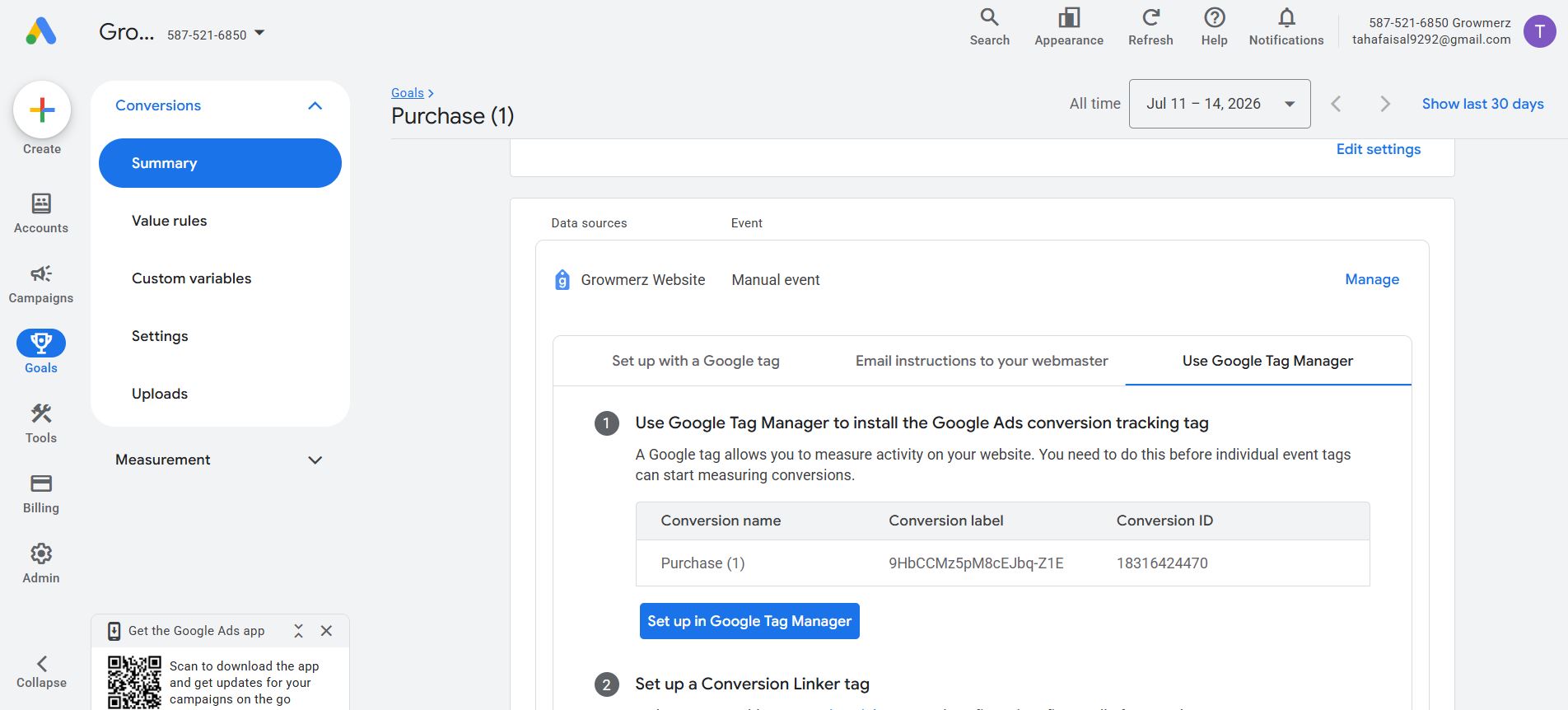 Google Ads conversion tracking dashboard showing accurate data