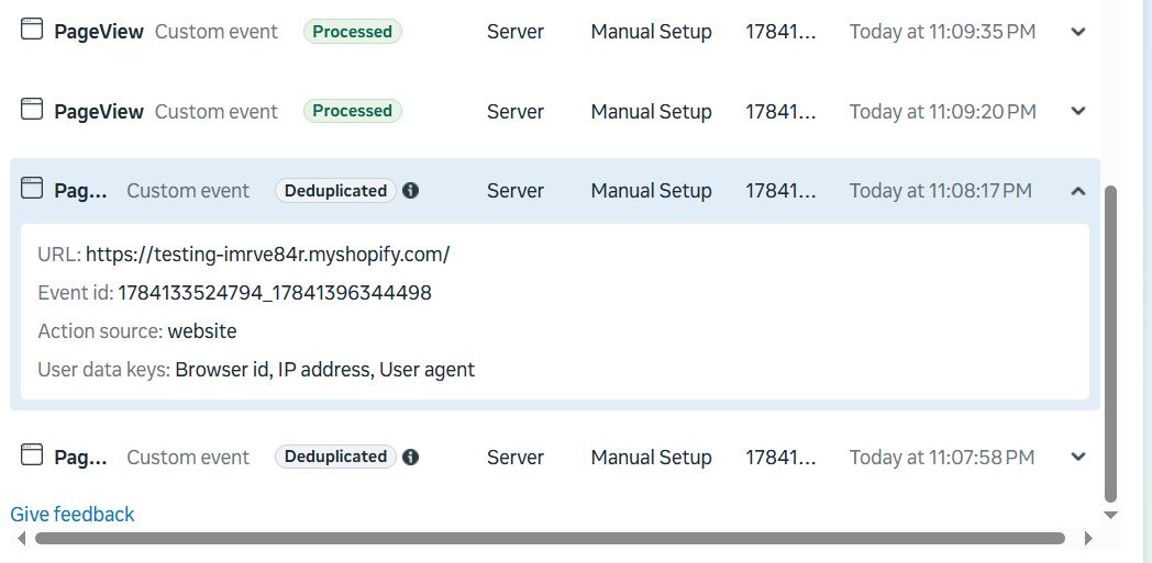 Meta Events Manager showing clean, deduplicated events