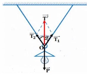 Người ta treo một bóng đèn có khối lượng $m=1text{ kg}$ bằng cách luồn sợi dây qua một cái móc của đèn và hai đầu dây được gắn chặt trên trần nhà 2
