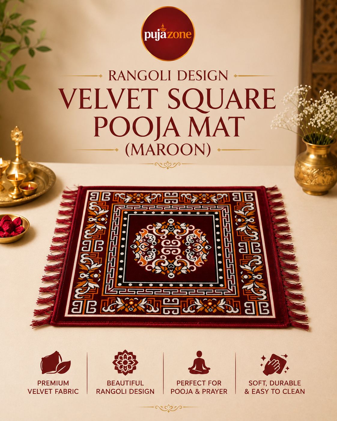 Velvet Square Puja Mat (Maroon)