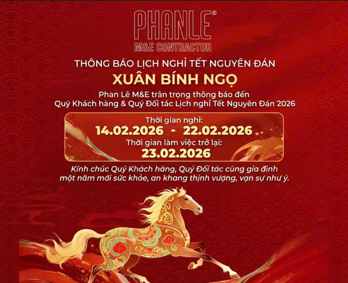 THÔNG BÁO LỊCH NGHỈ TẾT NGUYÊN ĐÁN BÍNH NGỌ 2026