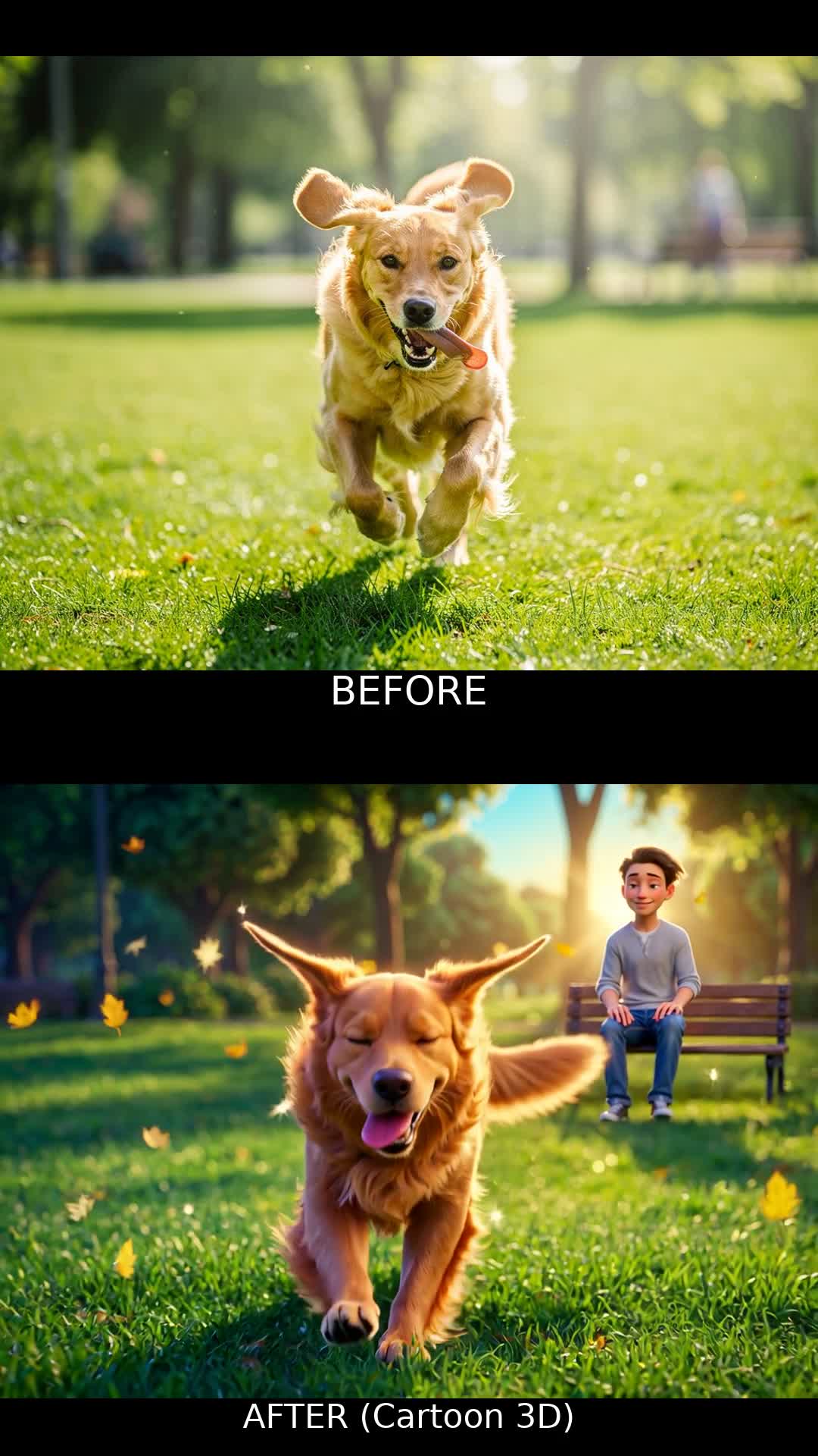 Golden retriever park photo transformed into a 3D cartoon with Toon It AI