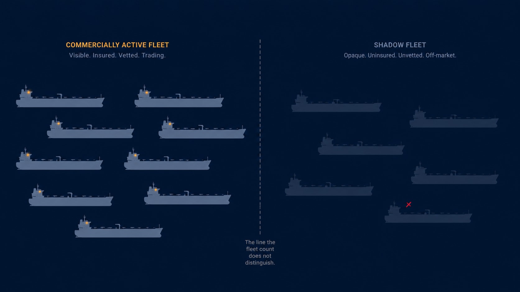 An editorial illustration of a rusting VLCC at anchor in calm water, AIS transponder dark, surrounded by smaller transfer vessels — the visual language of the shadow fleet operating outside the international insurance system