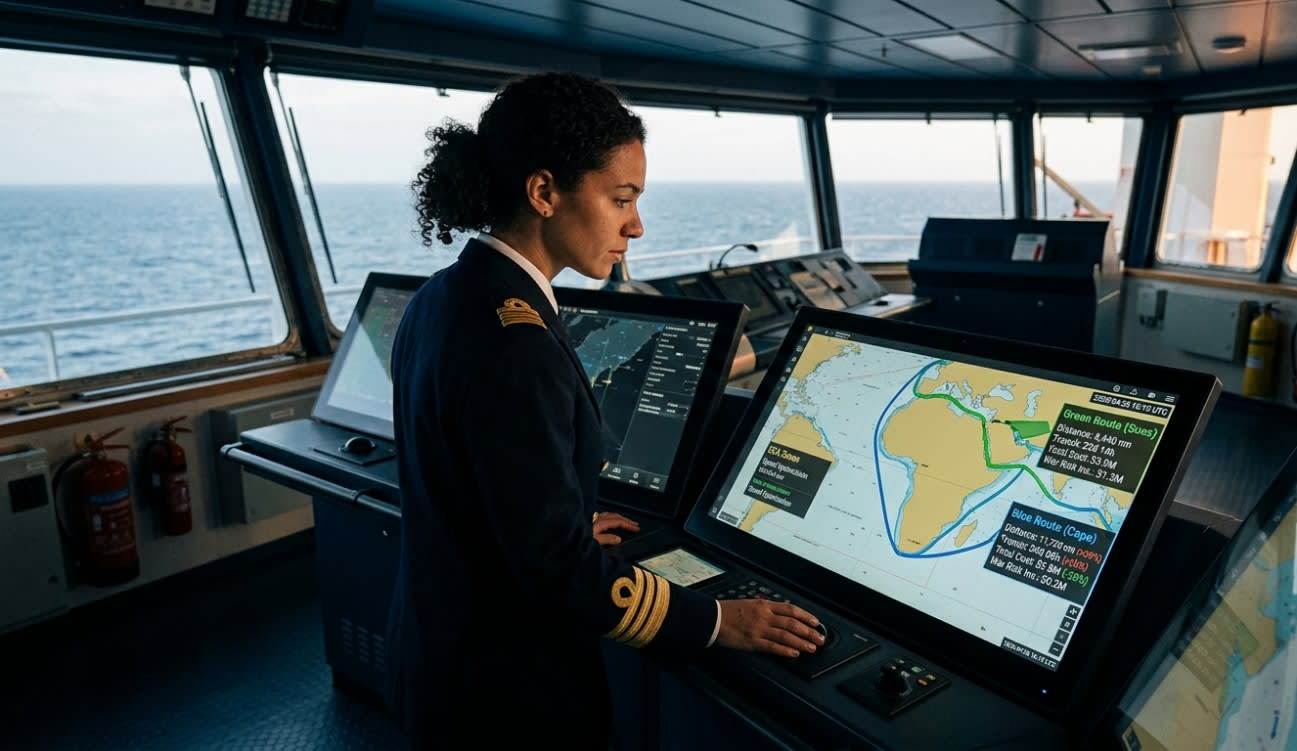 Maritime route planning showing Suez and Cape routing options