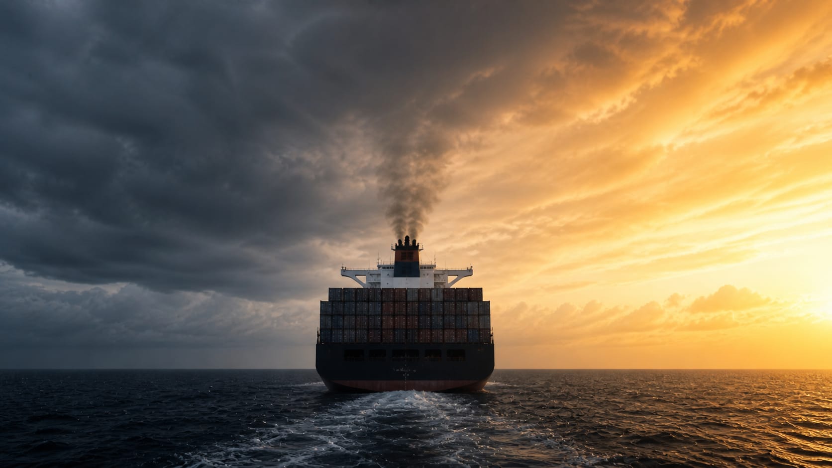 A container ship at sea releasing exhaust against a dramatic sky split between dark clouds and golden light, representing the tension between current emissions and future carbon regulation