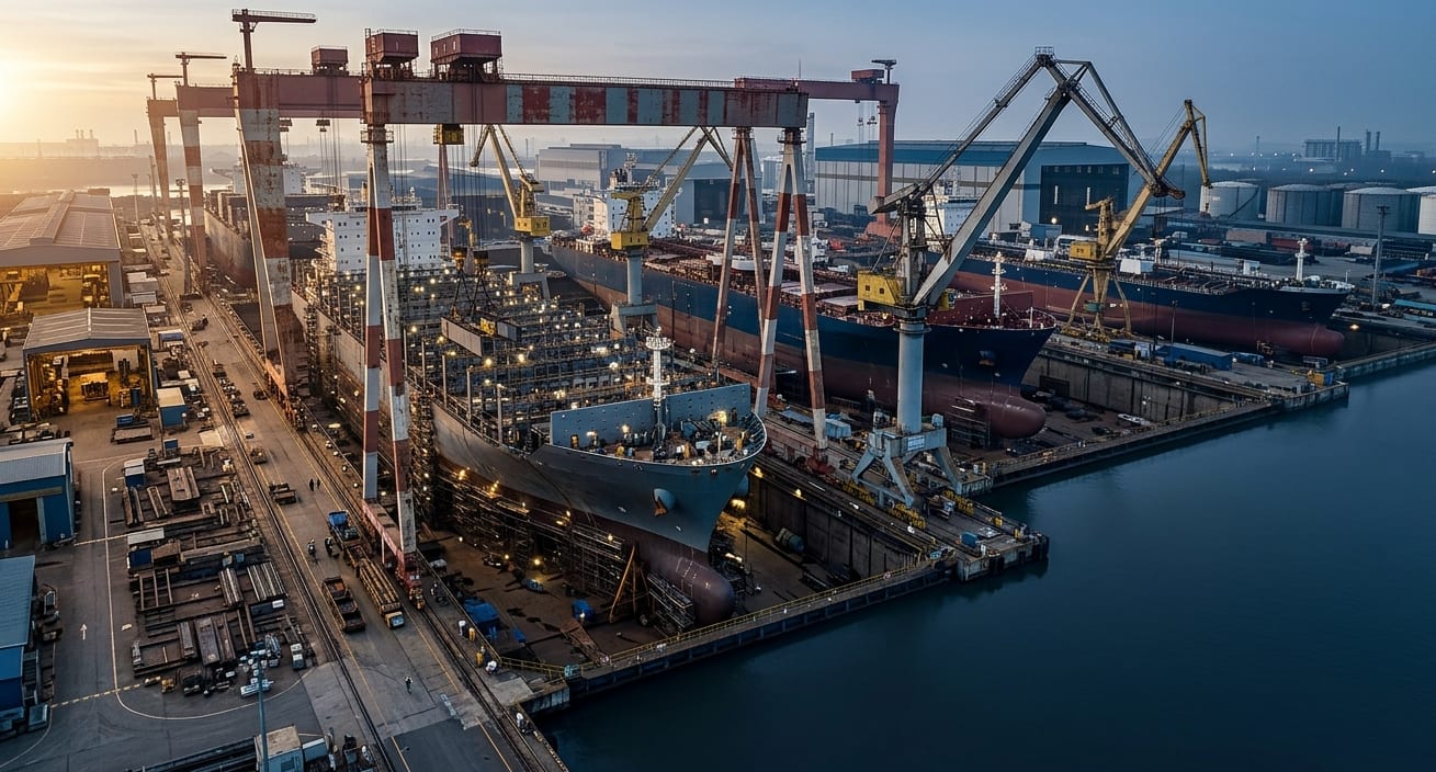 A modern shipyard with multiple vessels under construction — newbuild orderbooks have surged across all segments