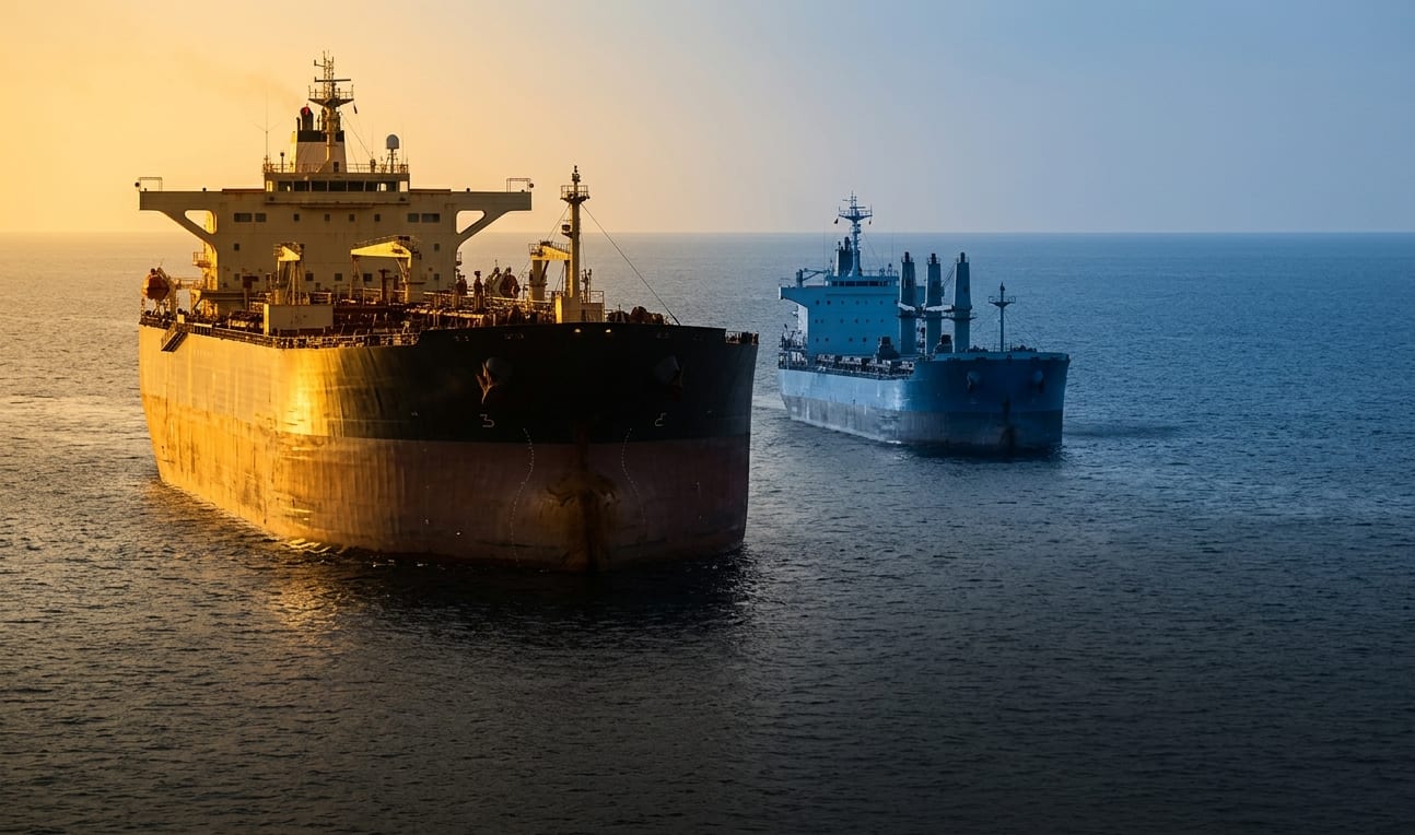 A crude oil tanker and a bulk carrier side by side at sea — the two segments that move together in normal markets are diverging in May 2026