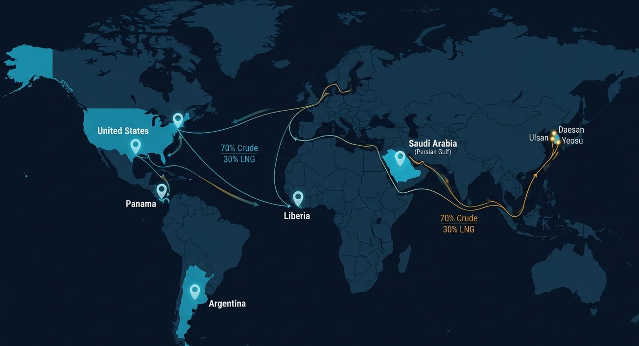 Diagram of crude oil and LNG flow from the Persian Gulf to South Korea