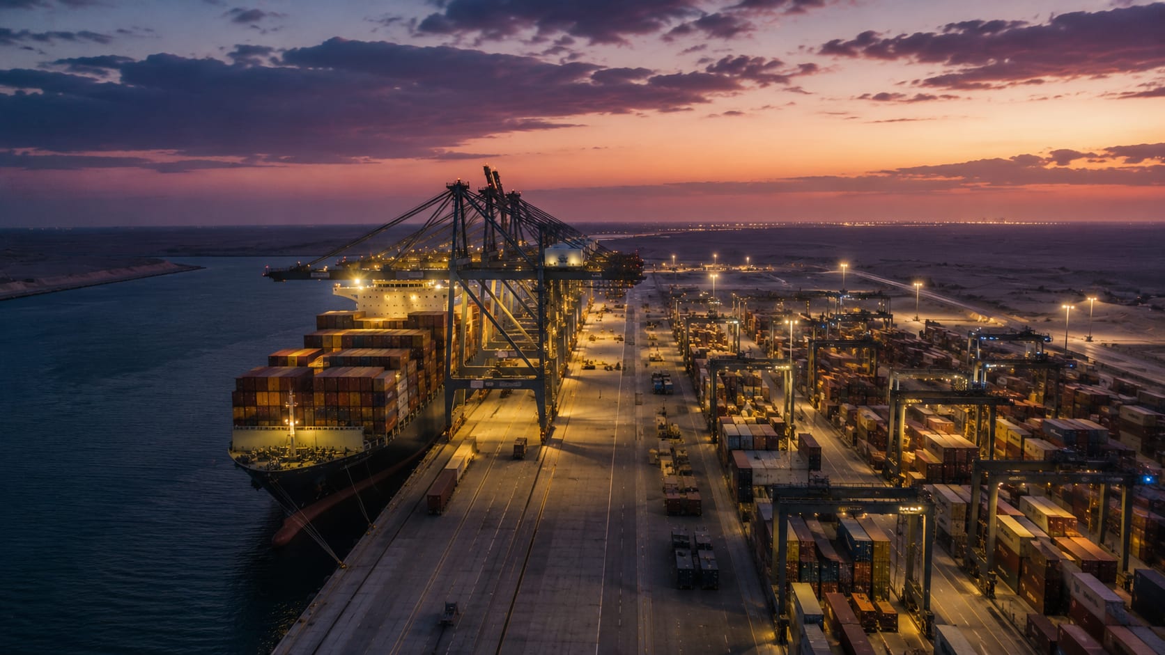 A massive newly-built deepwater container port at twilight, with new gantry cranes and a single ultra-large container vessel being loaded — visualizing infrastructure that will outlast the crisis