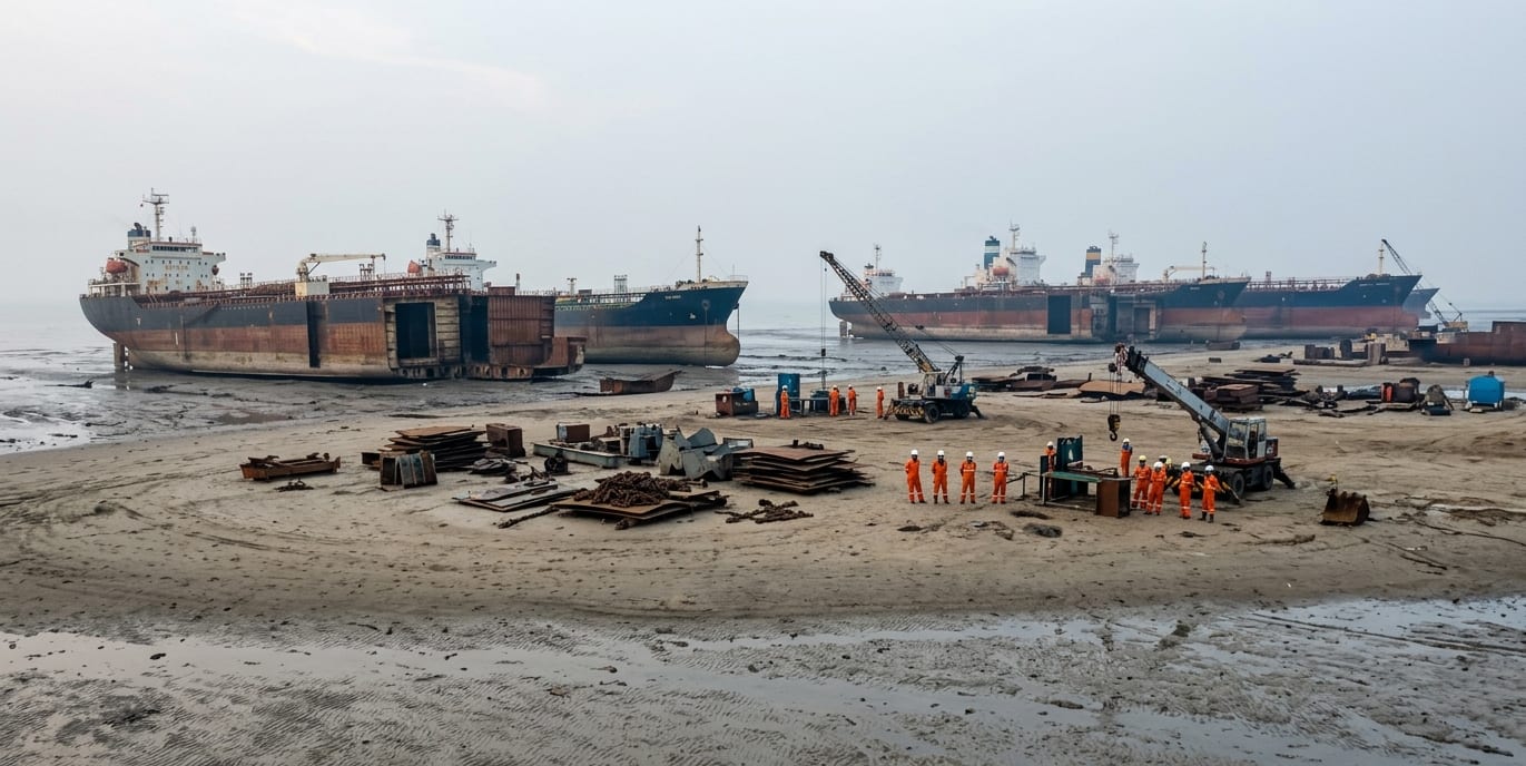 A vast ship-breaking beach at low tide, mostly empty, with only one or two partially dismantled vessels visible at the far edge and a few workers waiting near unused equipment — visualizing the collapsed recycling market in 2026
