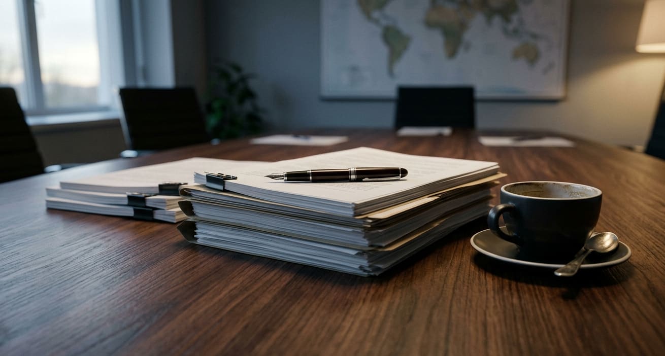 A wooden conference table with stacks of unsigned commercial documents, a fountain pen resting unused across one stack, and a half-finished cup of cold coffee — visualizing decisions deferred in the shipping order book