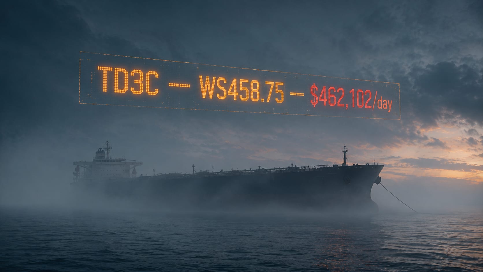 A VLCC tanker anchored in Persian Gulf fog at dawn, with a translucent stock-ticker hologram displaying TD3C freight rate numbers suspended above the water — visualizing the disconnect between the index and the route