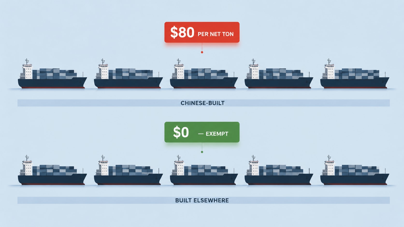 Editorial illustration comparing two rows of identical container ships — one labeled Chinese-built with an $80 per net ton price tag, the other labeled Built Elsewhere with a zero-fee exemption tag